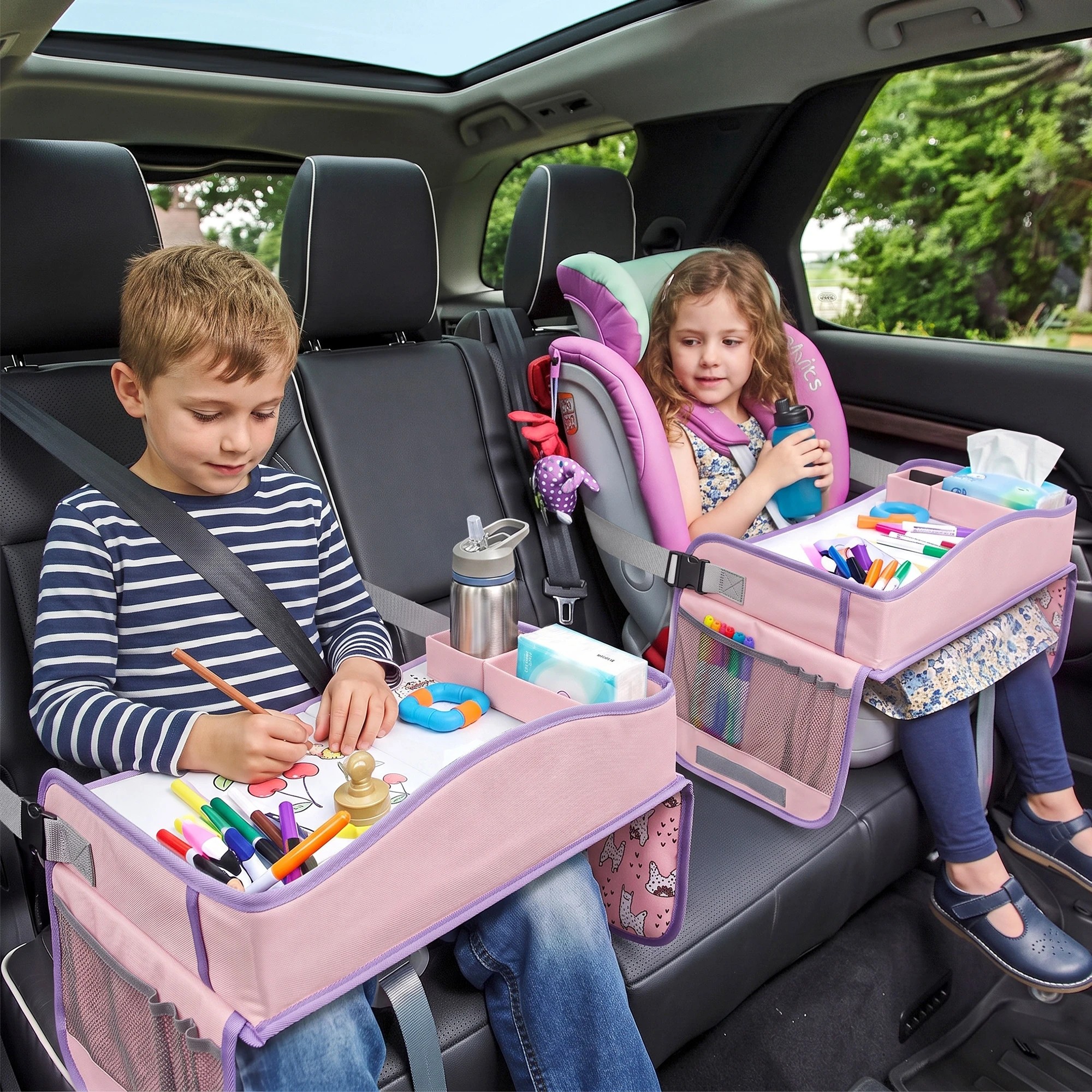 9 Keezi Kids Travel Tray Car Seat Lap Desk Portable Car Desk Organiser for Car & Airplane - Pink, 9 of 10