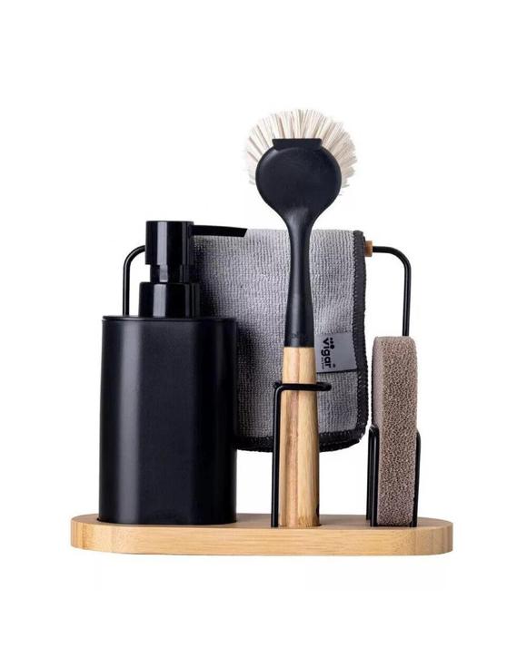 Vigar Vintage Bamboo 4 Piece Set  Sink Caddy Dish Brush Dispenser Black