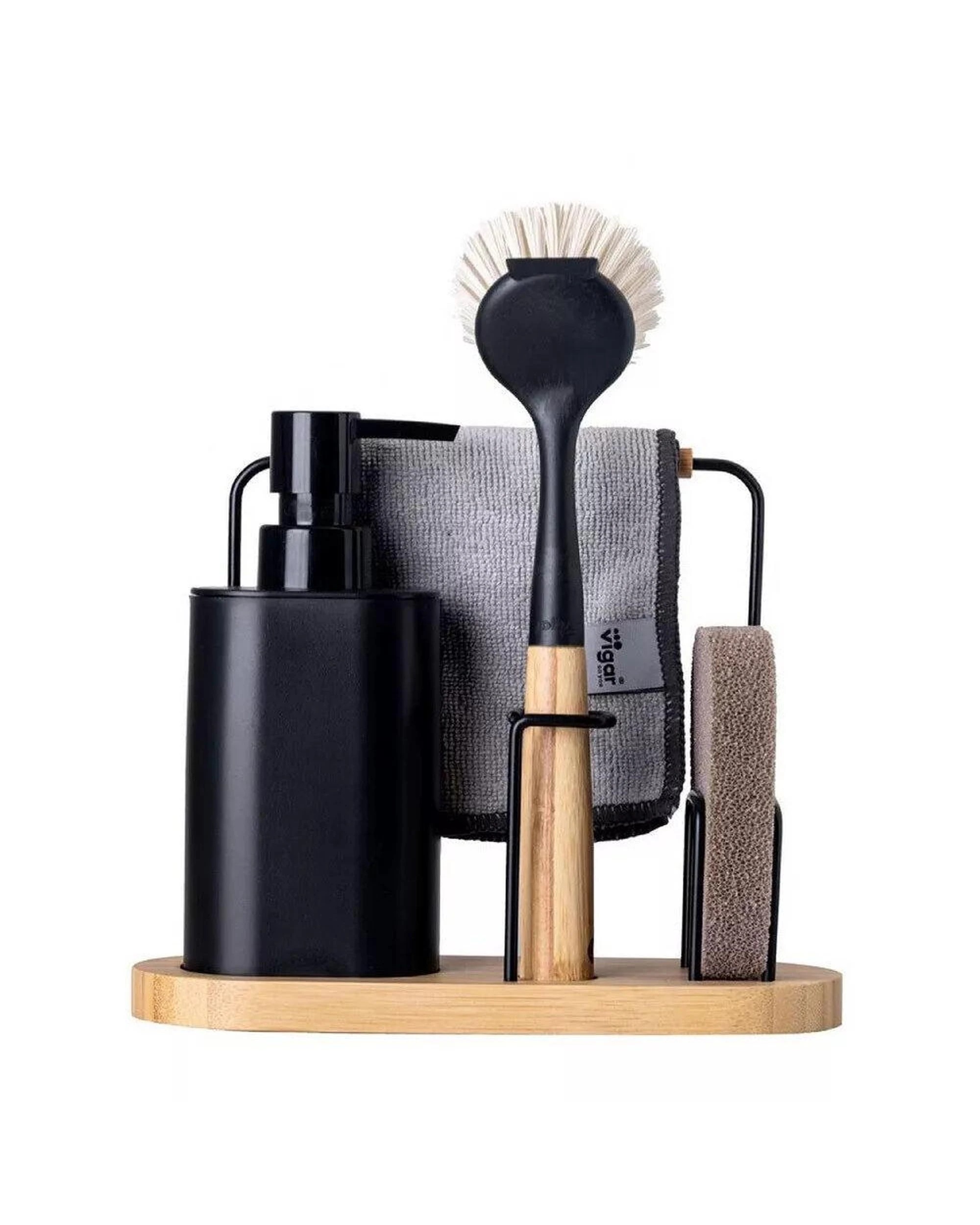 1 Vigar Vintage Bamboo 4 Piece Set  Sink Caddy Dish Brush Dispenser Black, 1 of 7