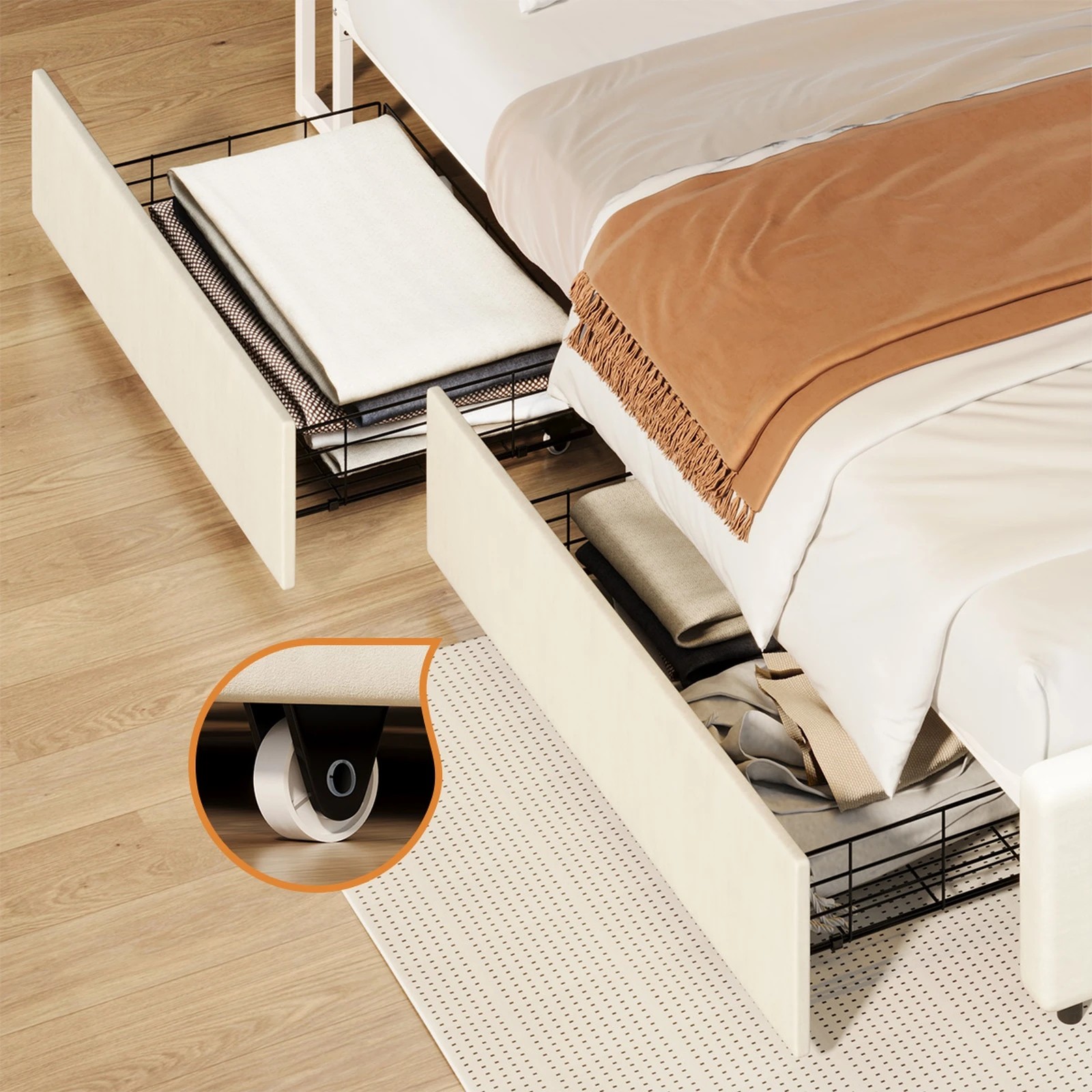 4 Oikiture Bed Frame Trundle Storage Metal Drawers Set of 2 - White, 4 of 9
