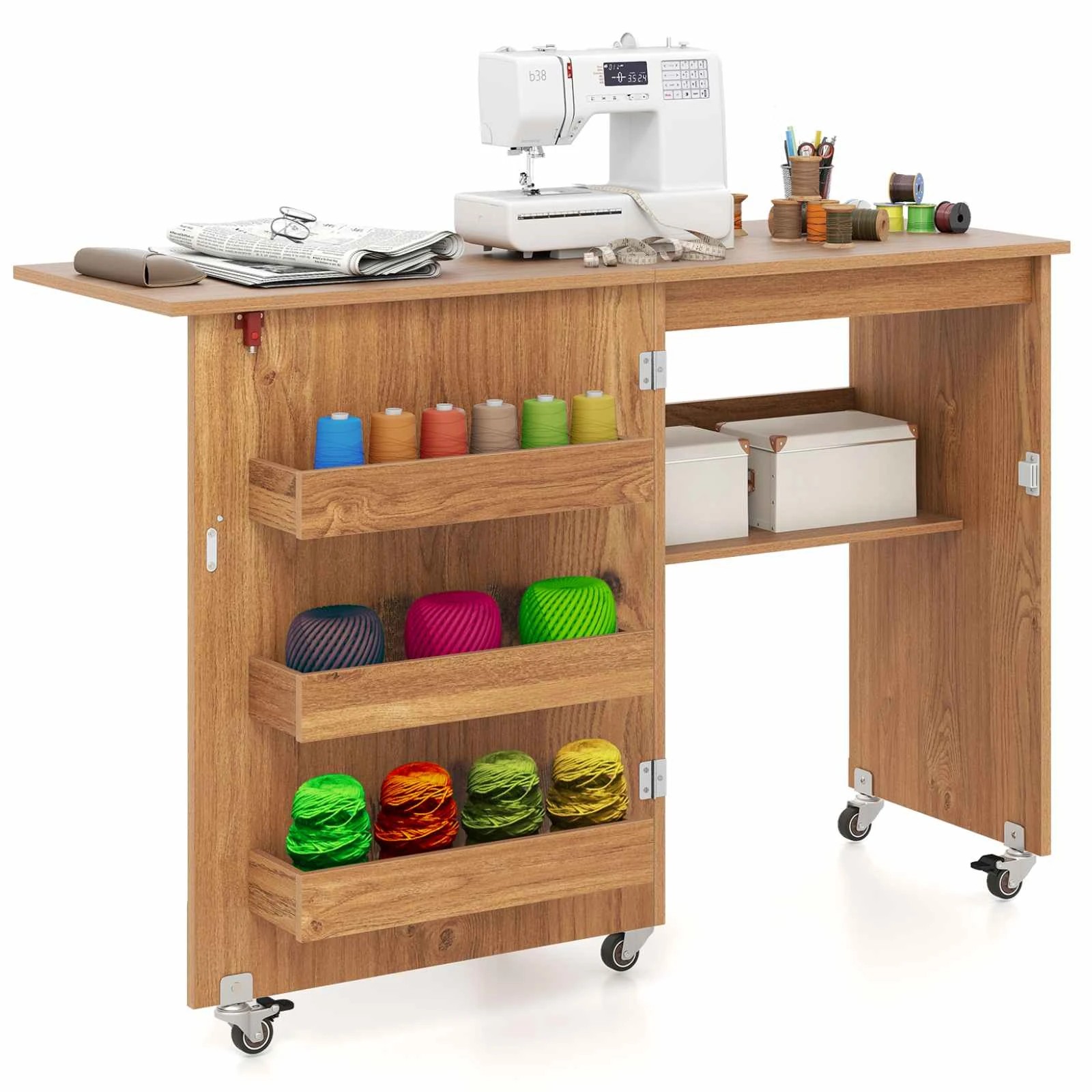 3 Costway Folding Sewing Table Rolling Craft Station w/Storage Cabinet - Natural, 3 of 3