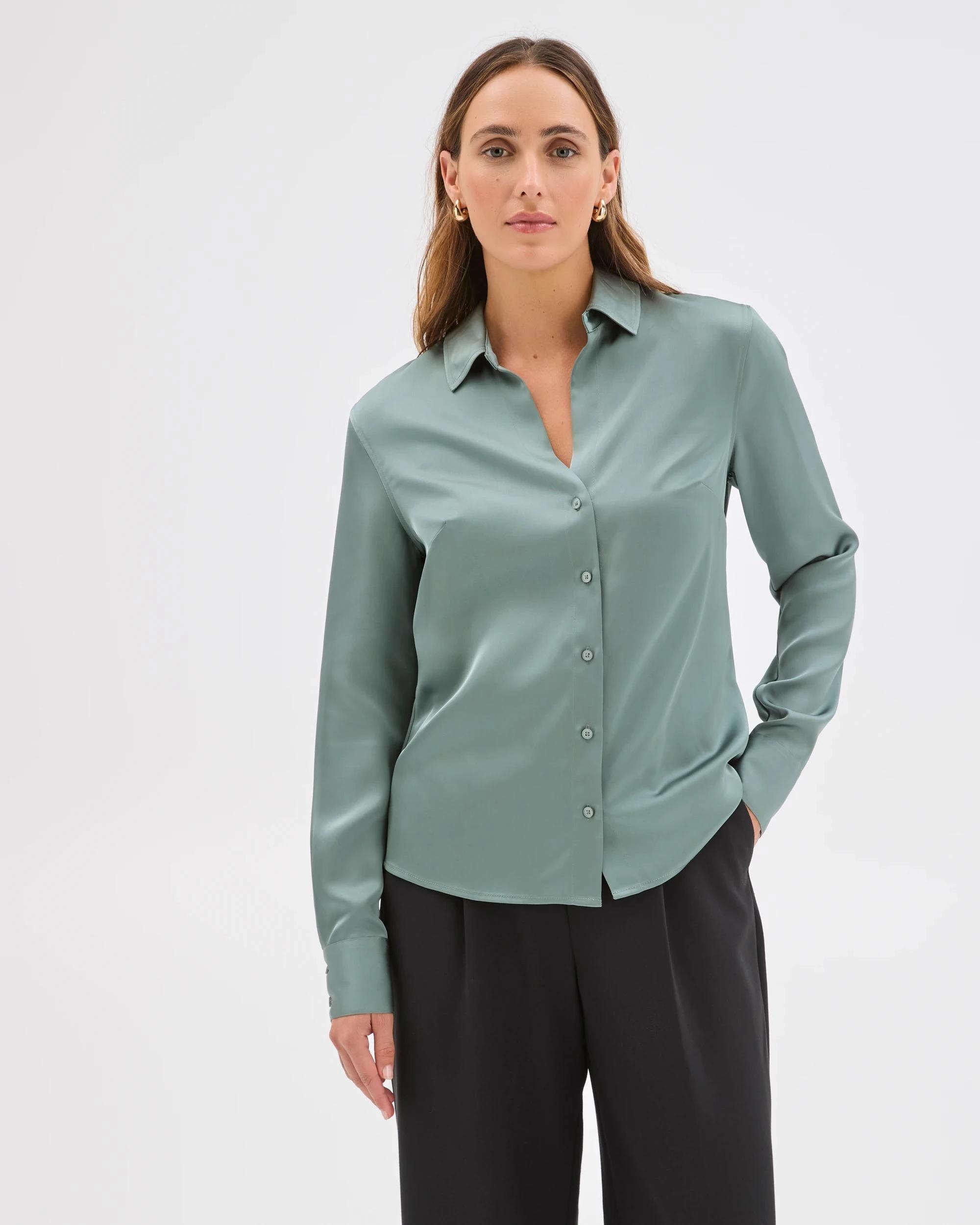 2 Preview Satin Long Sleeve Button Up Shirt SEAFOAM, 2 of 7