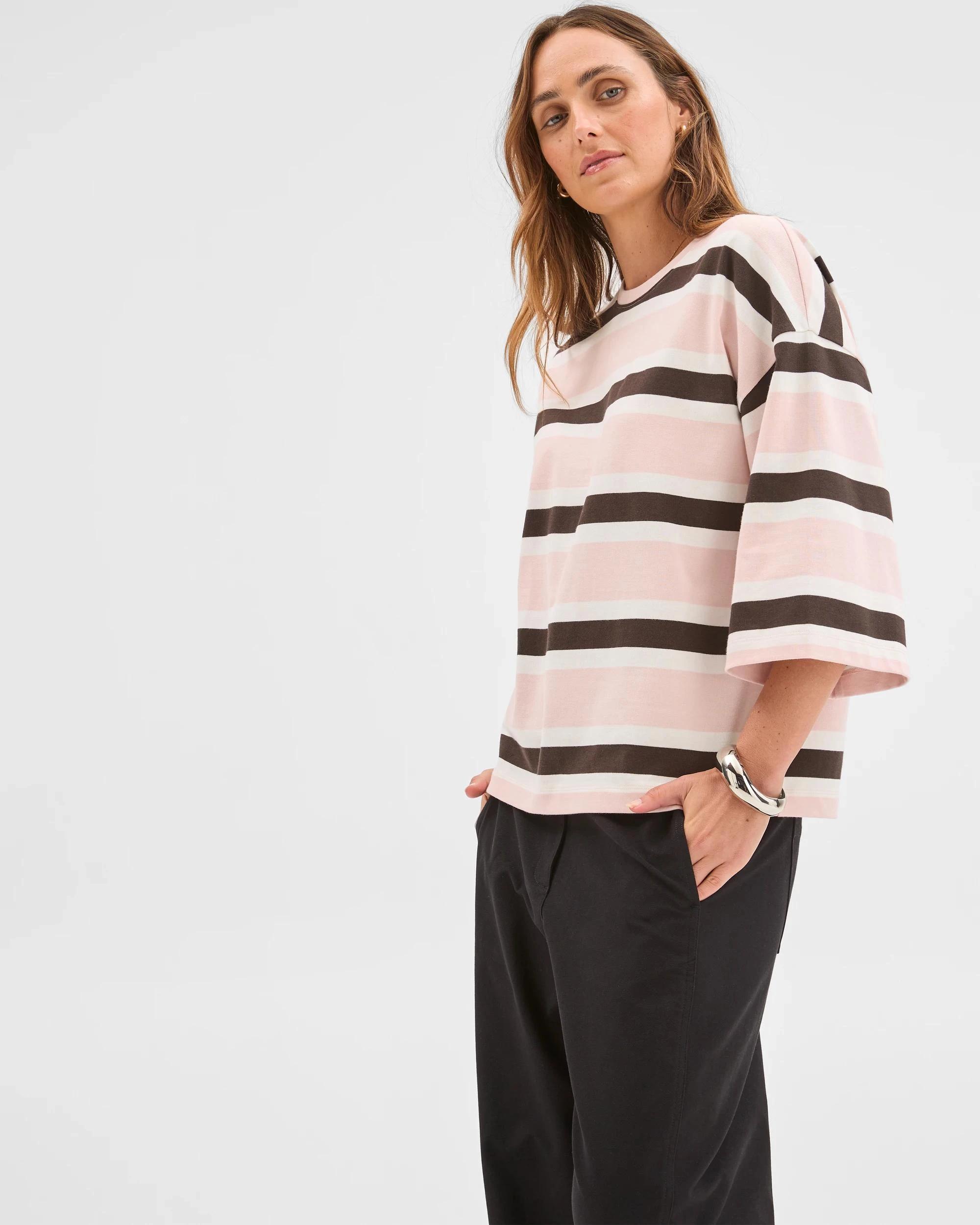 4 Target Woman Australian Cotton 3/4 Length Wide Sleeve Boxy T-Shirt PALE ROSE/BLACK COFFEE/CLOUD DANCER, 4 of 7