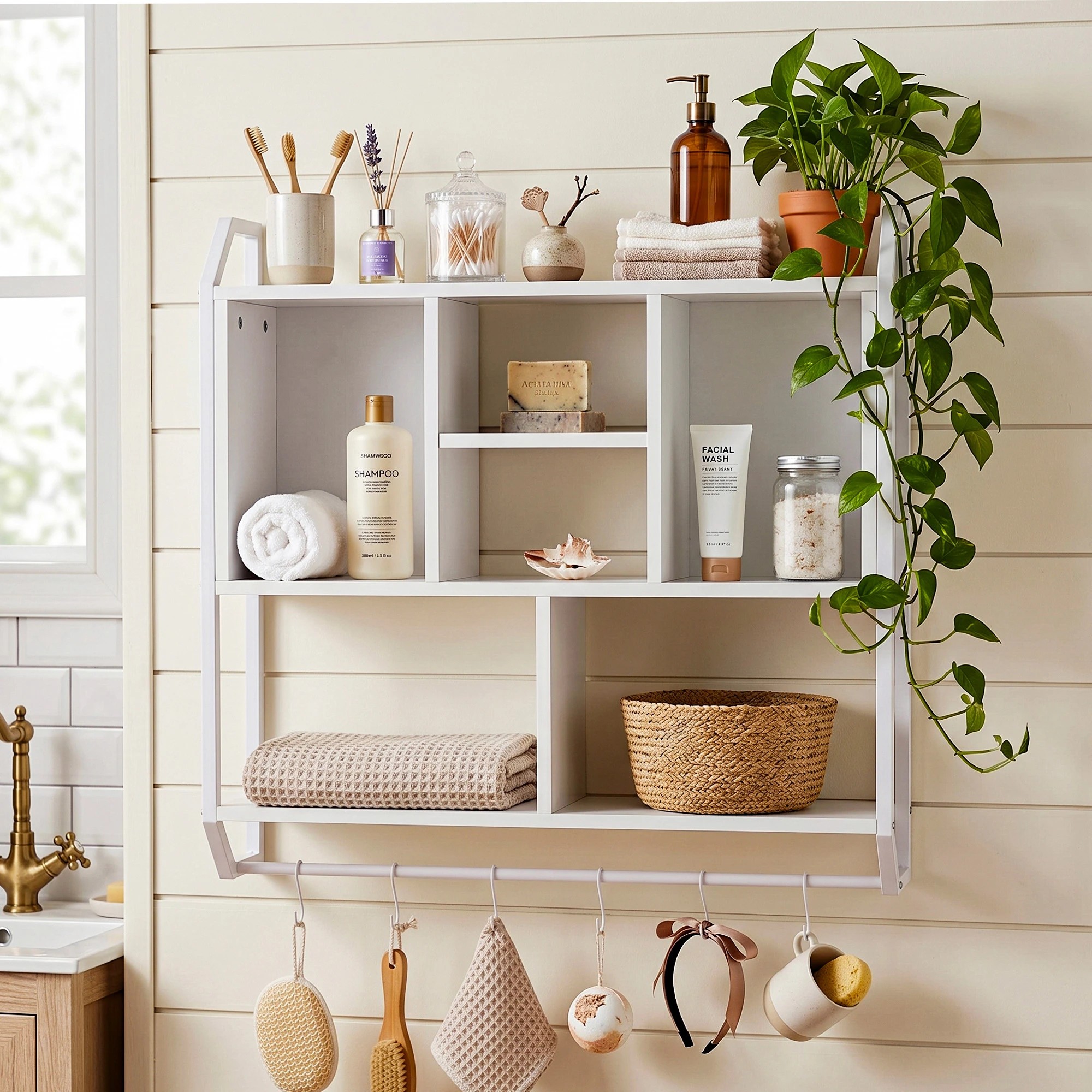 7 Artiss Floating Wall Shelf 6 Hooks Wall Mounted Storage Cubby Rack 73.5x74CM - White, 7 of 8