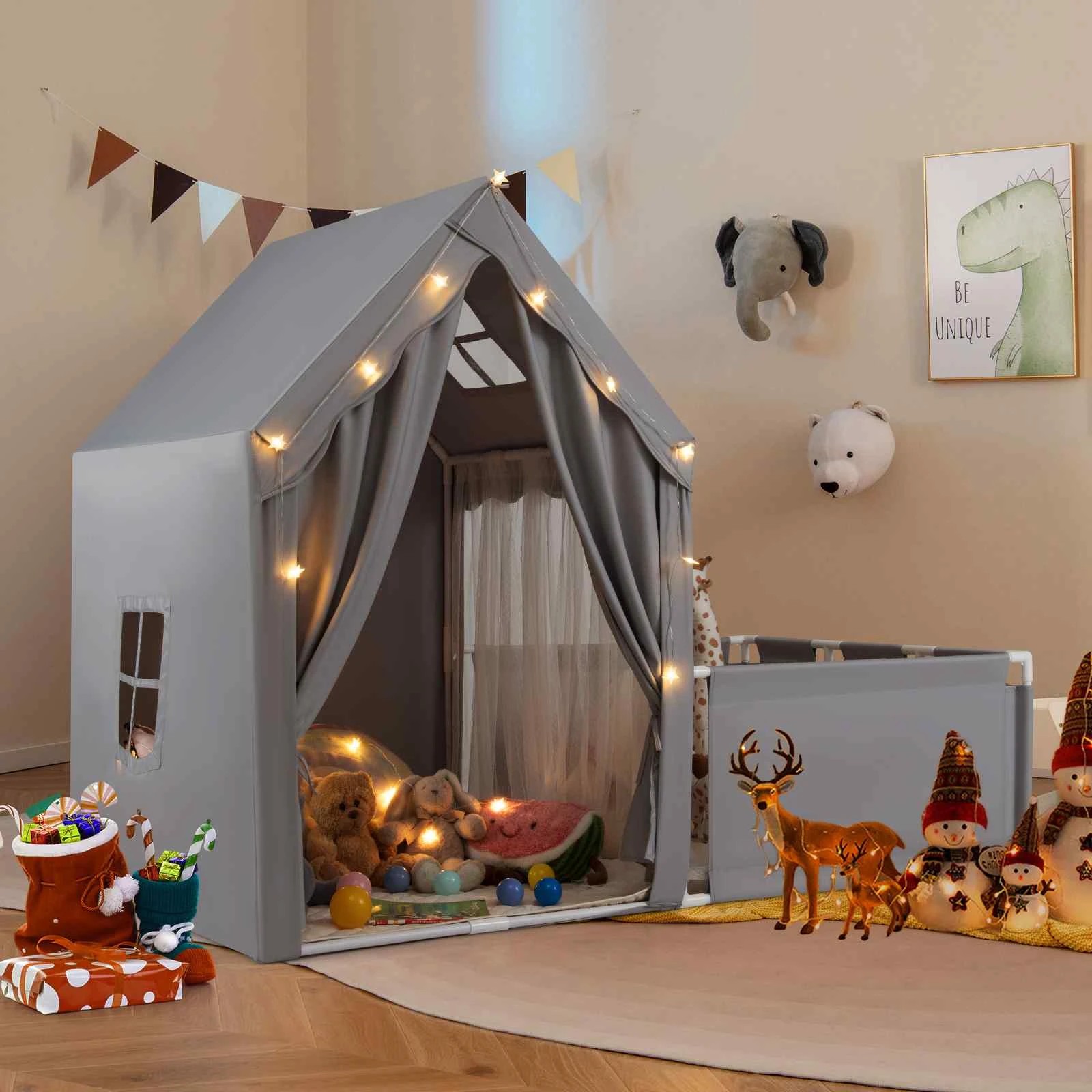 2 Costway Play Tent Mat & Yard Set Playpen w/Door Curtains - Grey, 2 of 2
