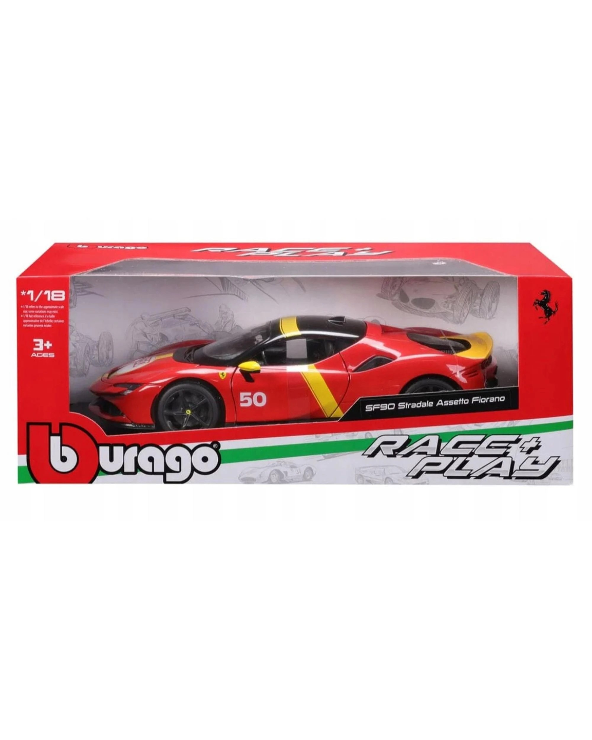 1 Bburago Race and Play 2024 Ferrari SF90 Stradale Assetto Fiorano #50 Red and Yellow 1:18 Scale Diecast Vehicle, 1 of 10