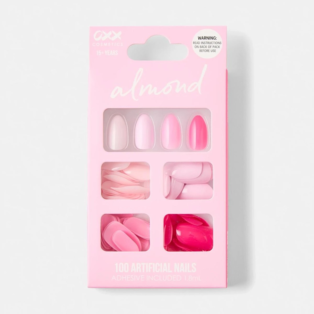 OXX Cosmetics 100 Pack Artificial Nails with Adhesive - Almond Shape, Pink
