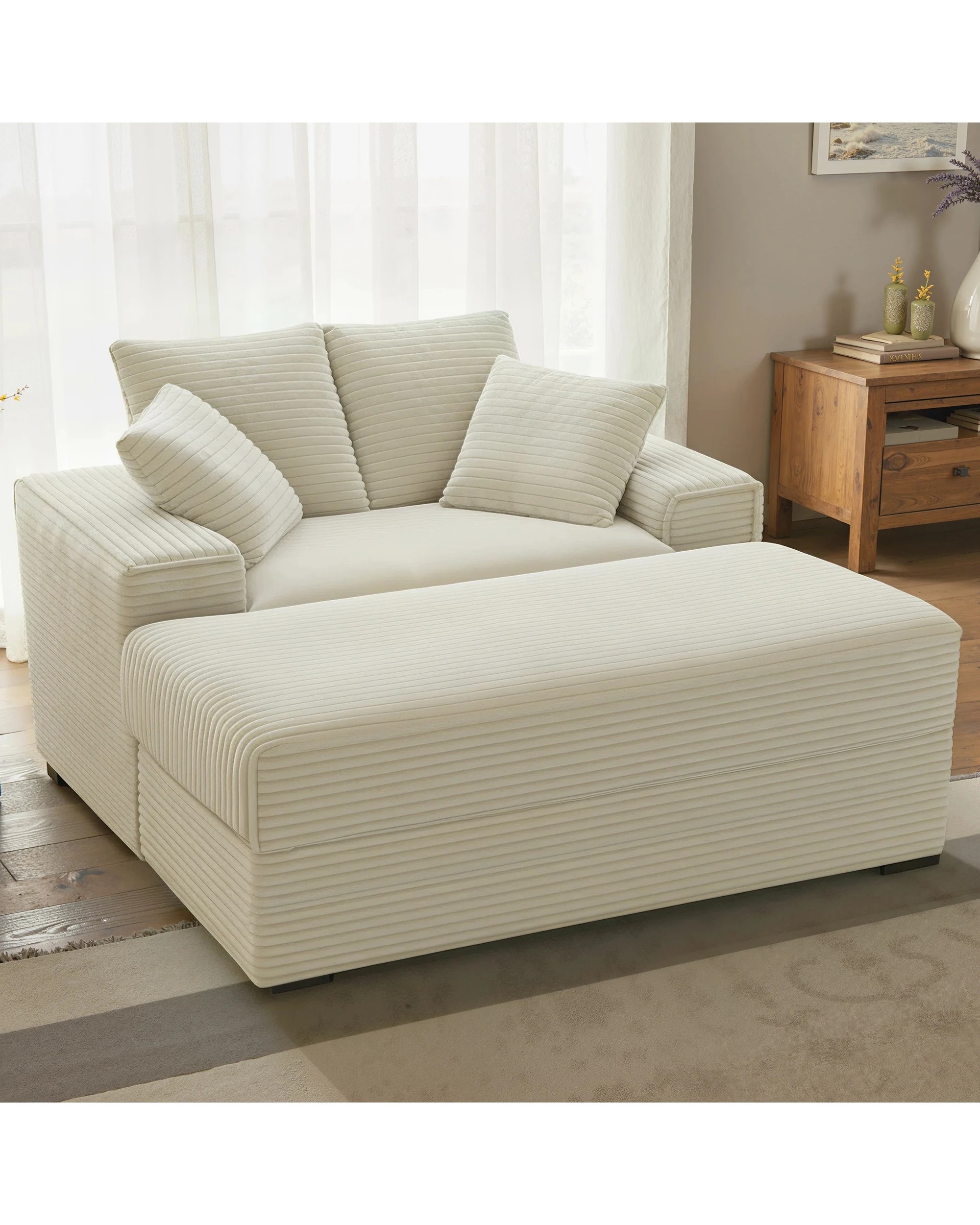 2 Advwin 148cm Chaise Lounge Chair w/ Storage Ottoman Corduroy Cloud Couch Oversized Sleeper Upholstered Sofa Bed, 2 of 9