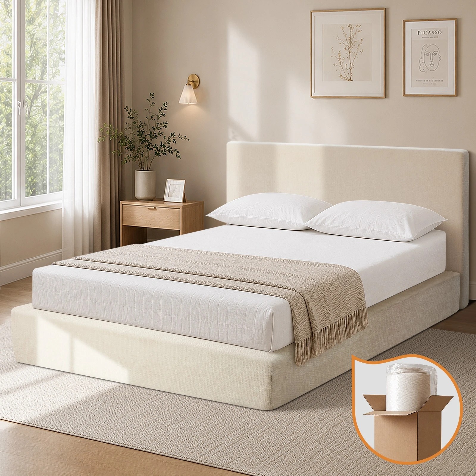 1 Oikiture Queen Semi Compressed Upholstered Fabric Bed Frame Internal Metal Base Chenille - Beige, 1 of 10