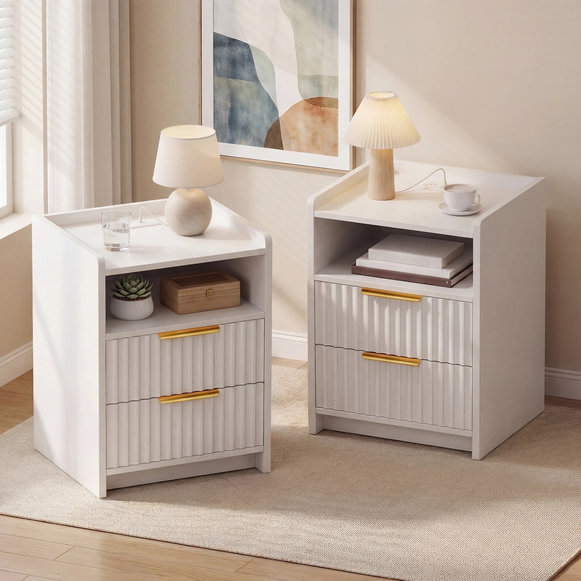 2 Advwin Set of 2 Bedside Table with Charging Station 2 Drawers Open Shelf - White, 2 of 6