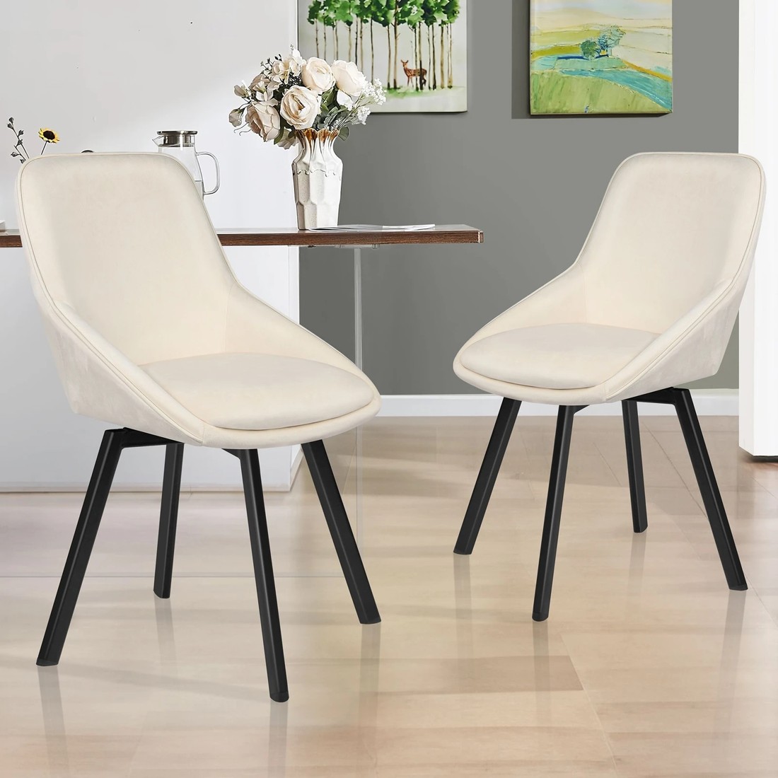2 Alfordson 2x Dining Chairs Accent Kitchen Swivel Lounge Padded Seat Velvet - Beige, 2 of 10