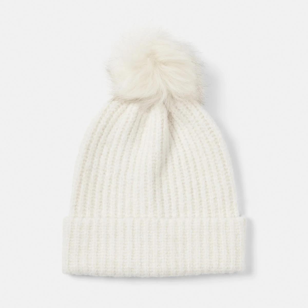 1 Rib Pom Pom Beanie Ecru, 1 of 5