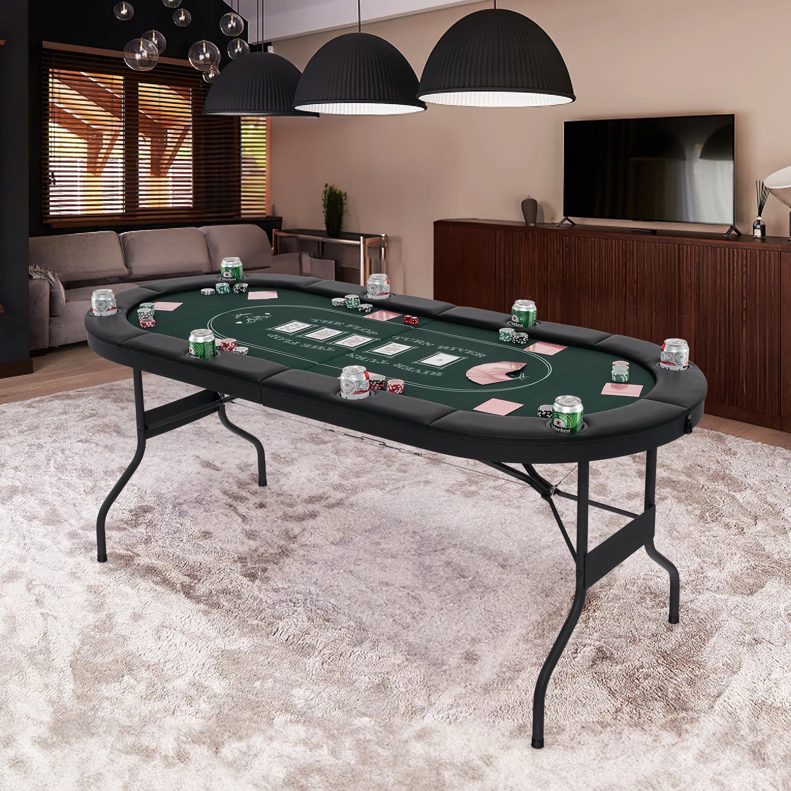 2 Costway 8-Player Foldable Poker Table Card Table w/8 Cup Holders Game Table - Green, 2 of 3