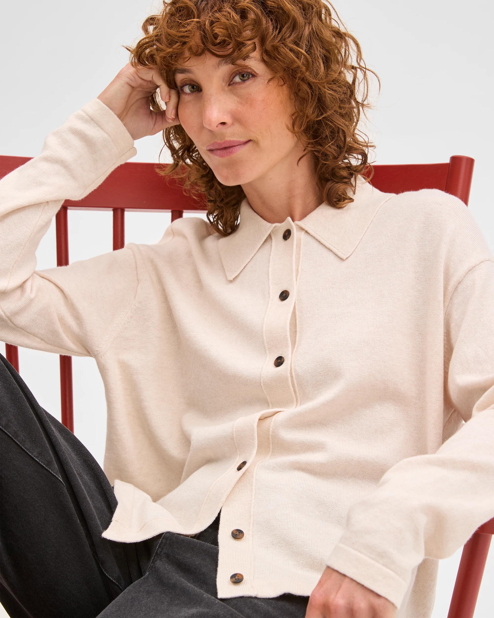 1 Target Woman Australian Cotton Blend Knit Polo Collar Cardigan PEBBLE, 1 of 7