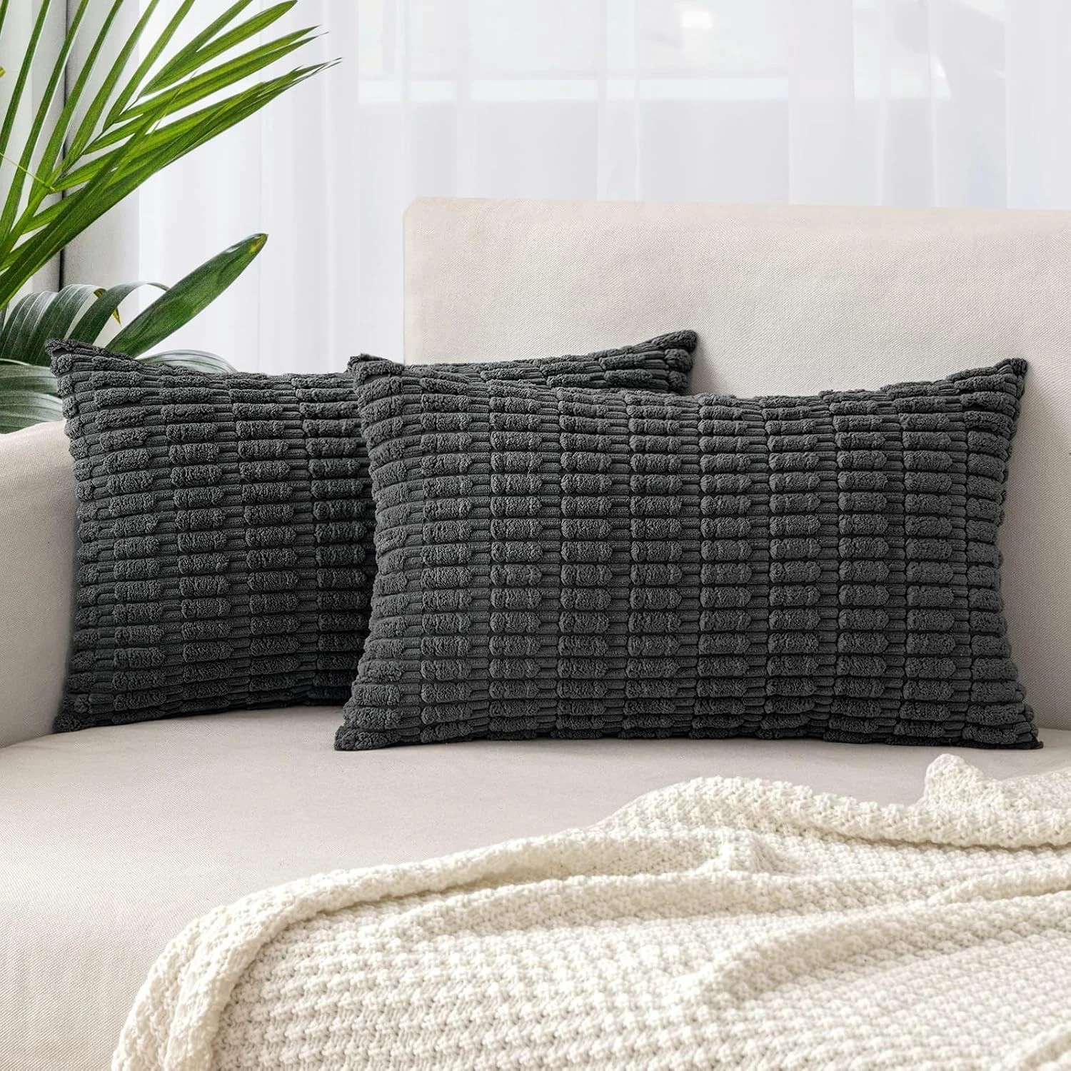 1 Gioia Casa 2-Pack Boho Striped Corduroy Cushion Covers 30x50cm - Dark Grey, 1 of 3