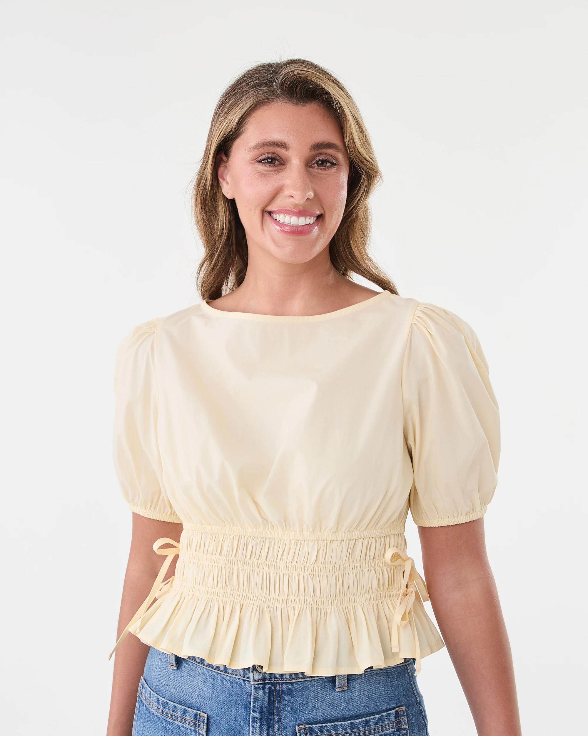 1 Short Sleeve Puff Sleeve Shirred Top Fln Yellow, 1 of 7