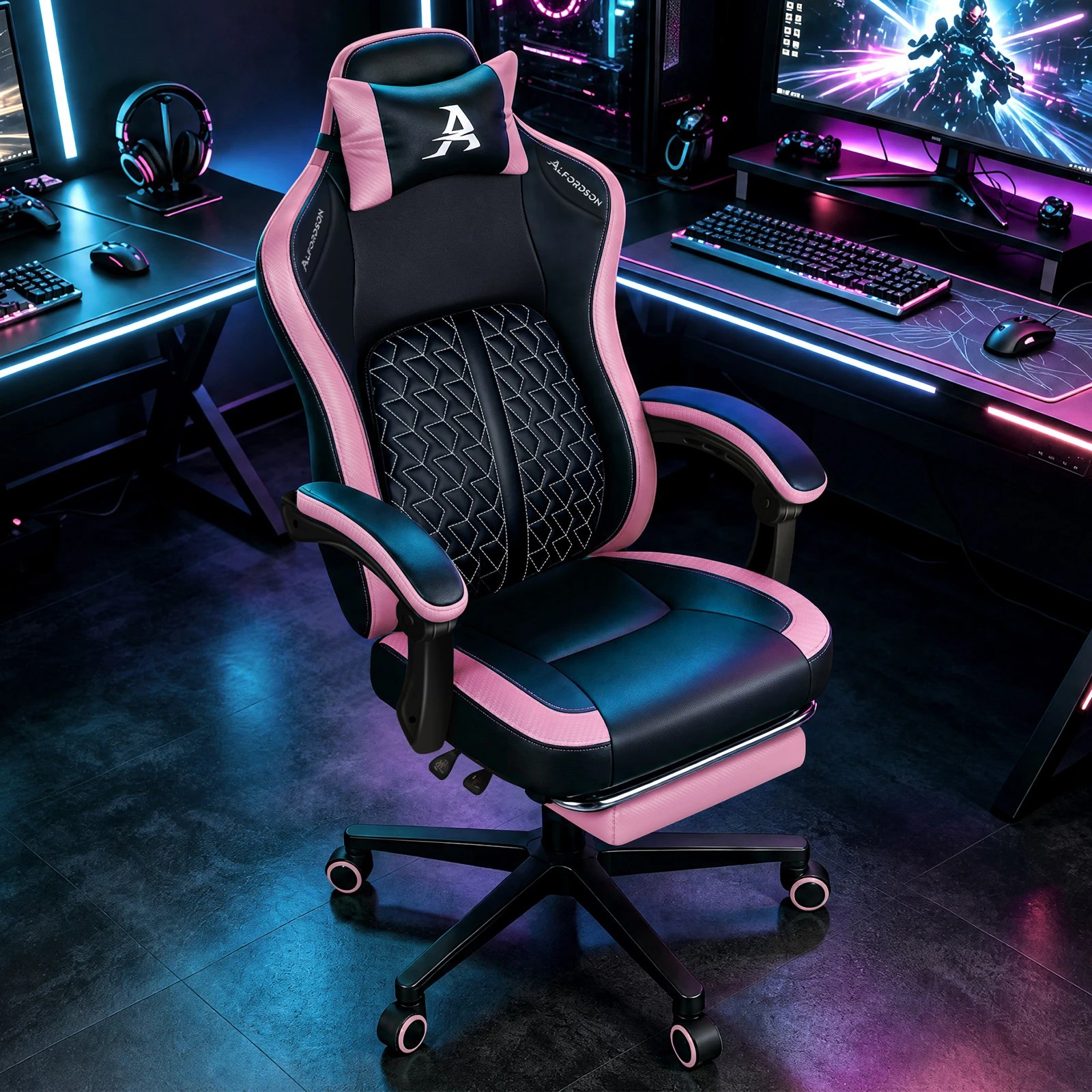 4 Alfordson Gaming Office Chair Ergonomic Computer Footrest Leather - Pink, 4 of 4