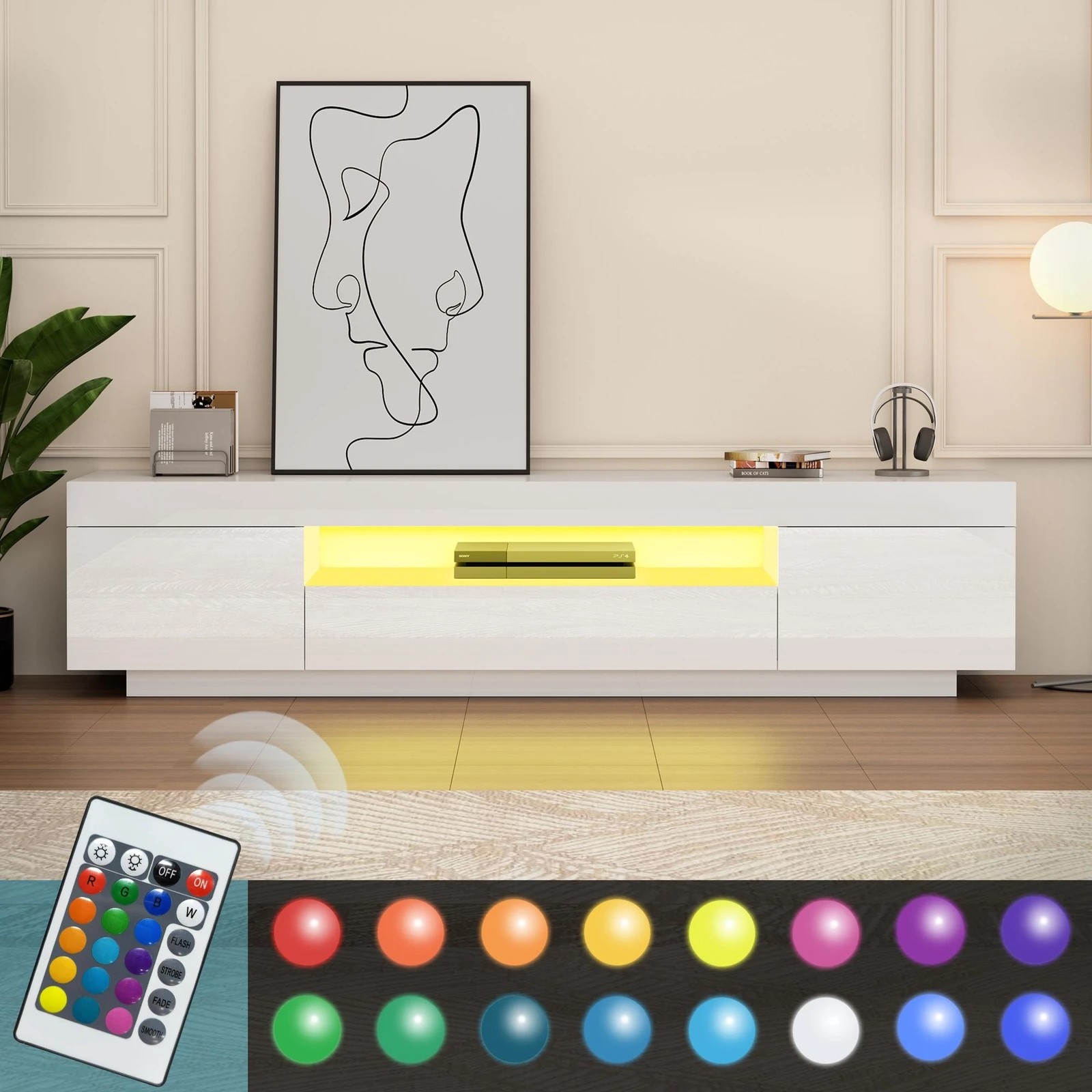 6 Alfordson Entertainment Unit 180cm TV Cabinet Stand LED Light Gloss - White, 6 of 10