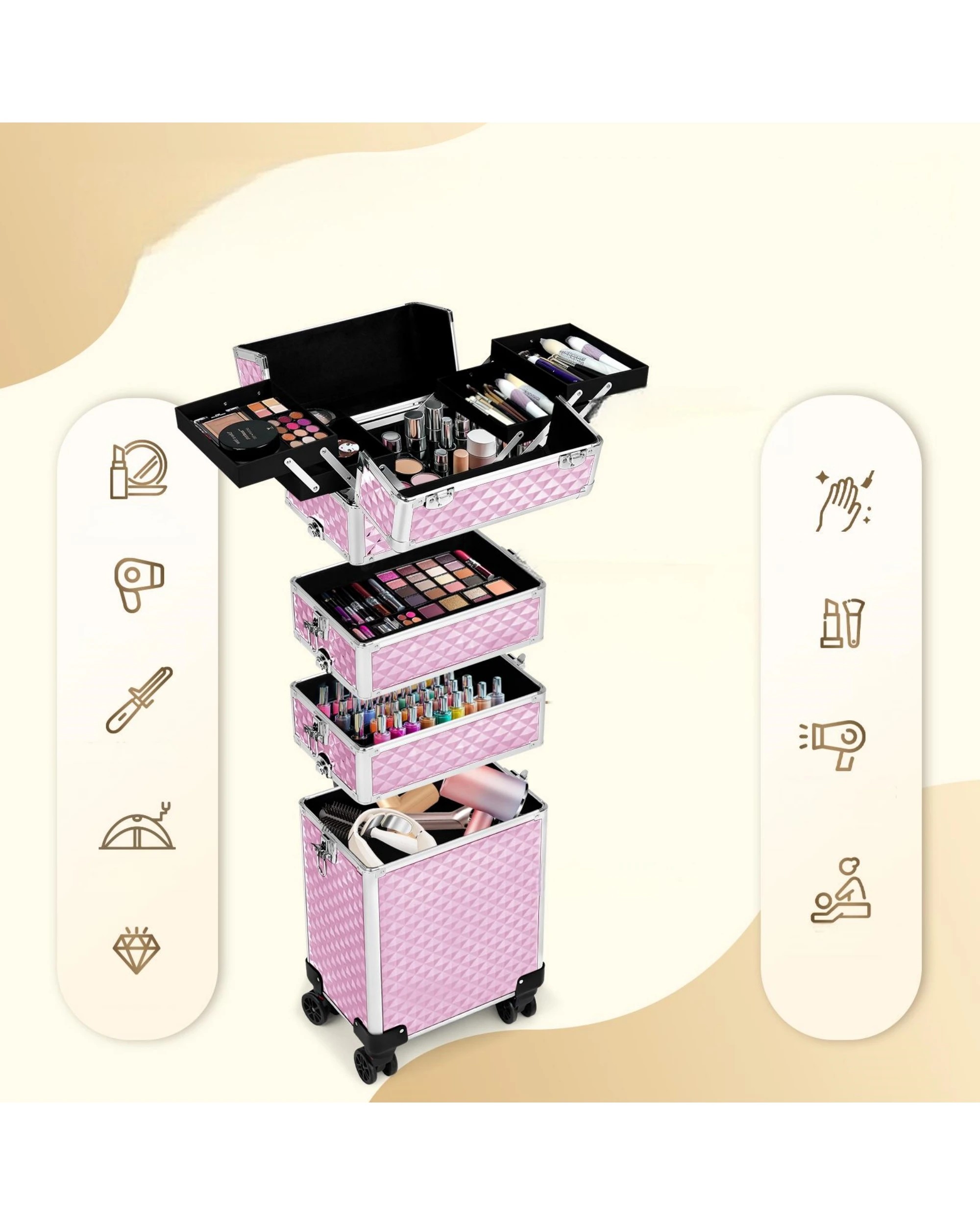 5 Advwin Makeup Trolley Case 4 in 1 Rolling Large Capacity - Pink, 5 of 8