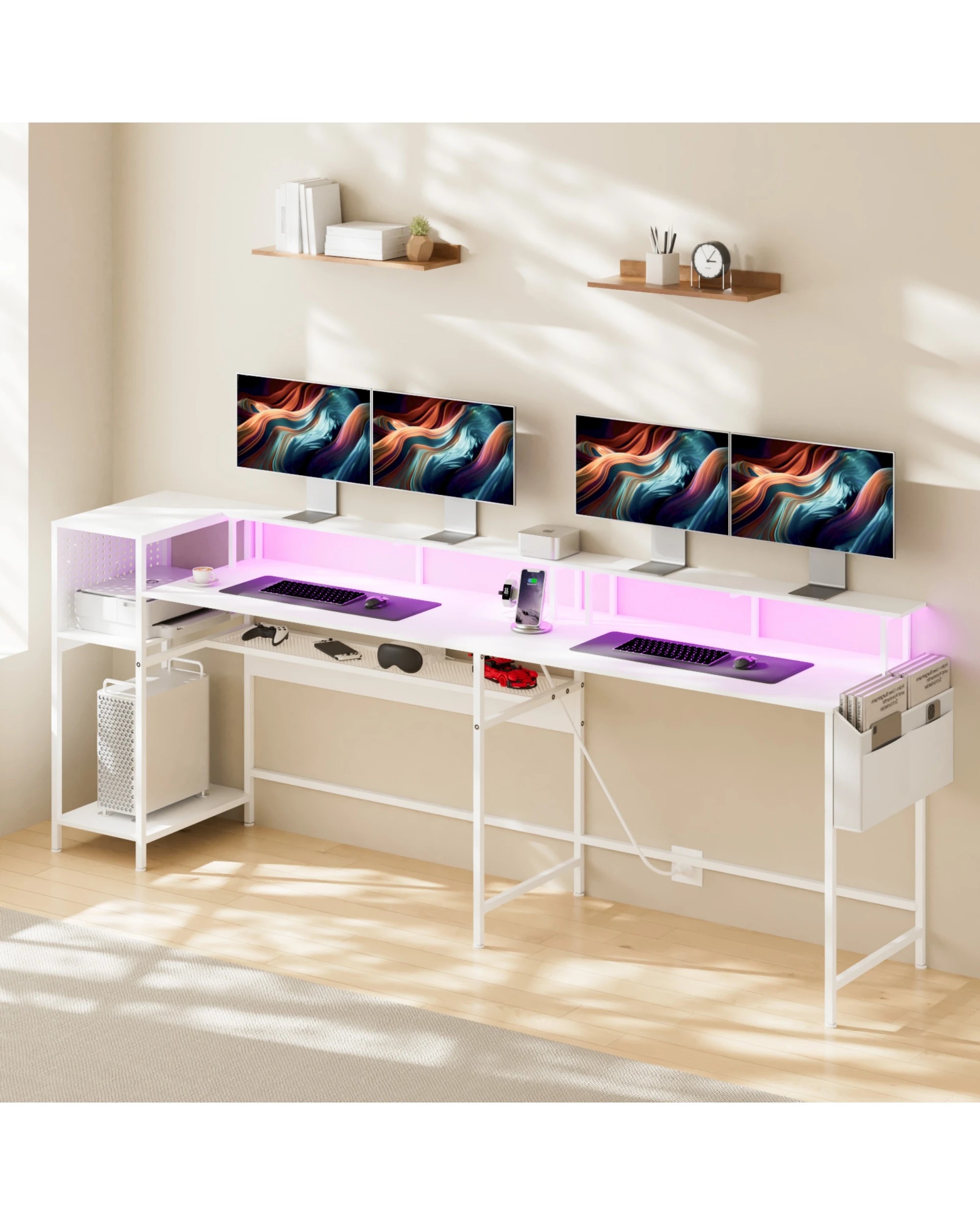 3 Advwin 150cm L Shaped Computer Desk w/ LED Lights & Power Outlets  - White, 3 of 10