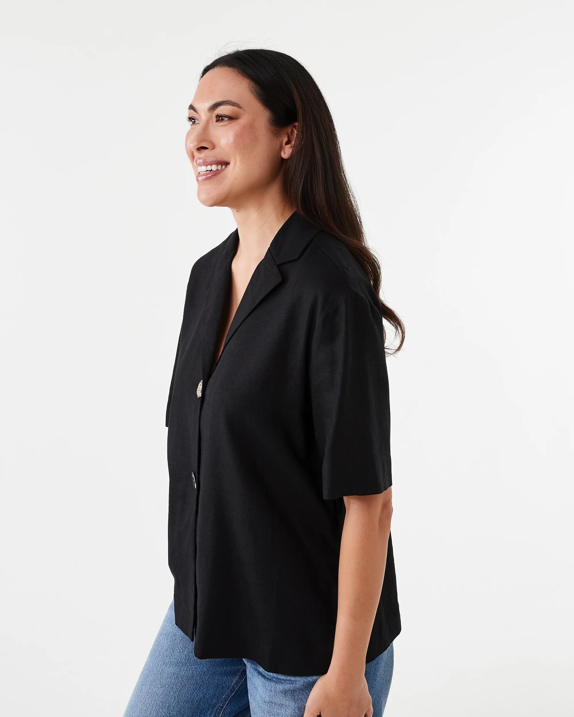 2 Short Sleeve Linen Blend Gold Button Top Black, 2 of 7