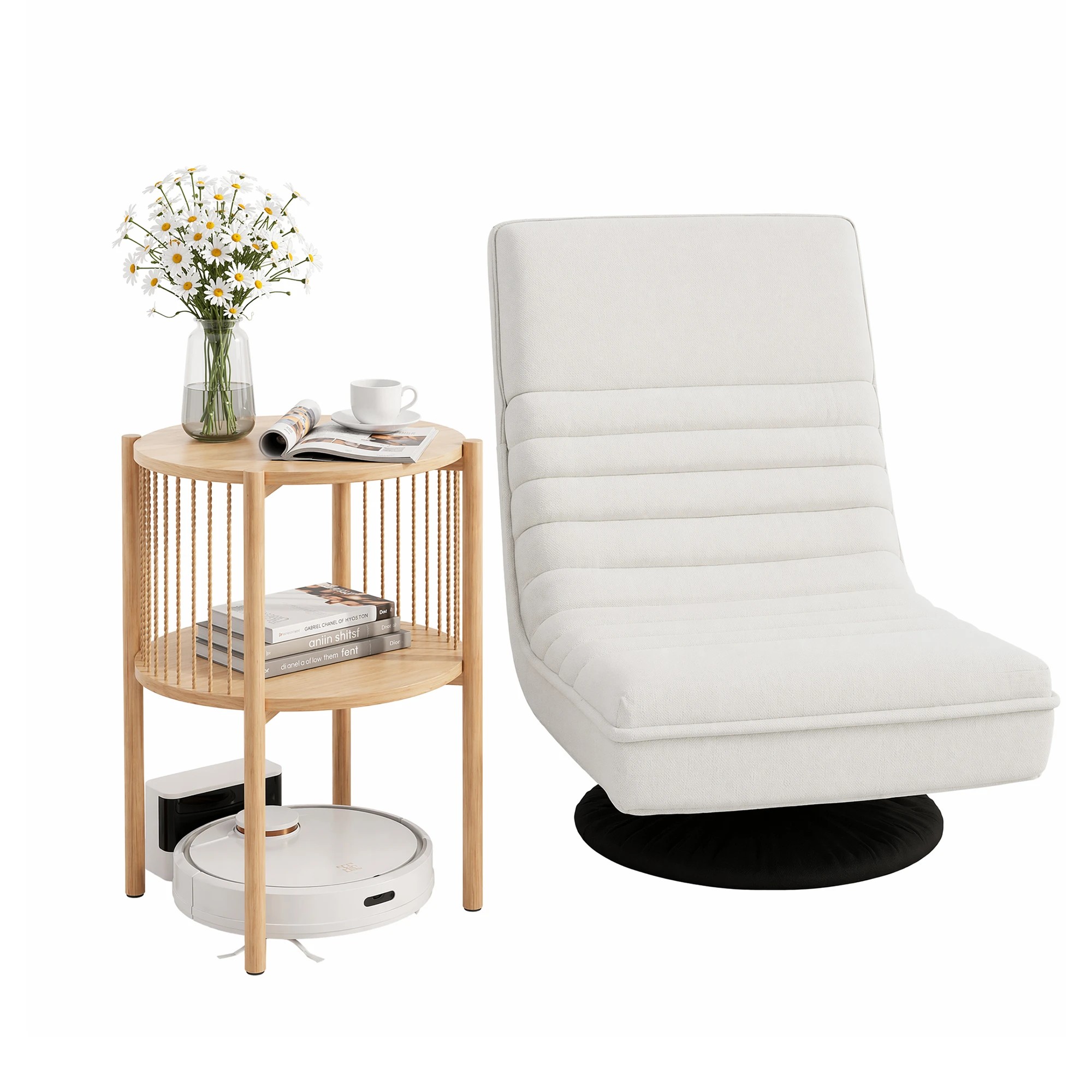1 Artiss Floor Lounge Folding Swivel Sofa Chair and 2 Tier Round End Side Table Set - White, 1 of 7
