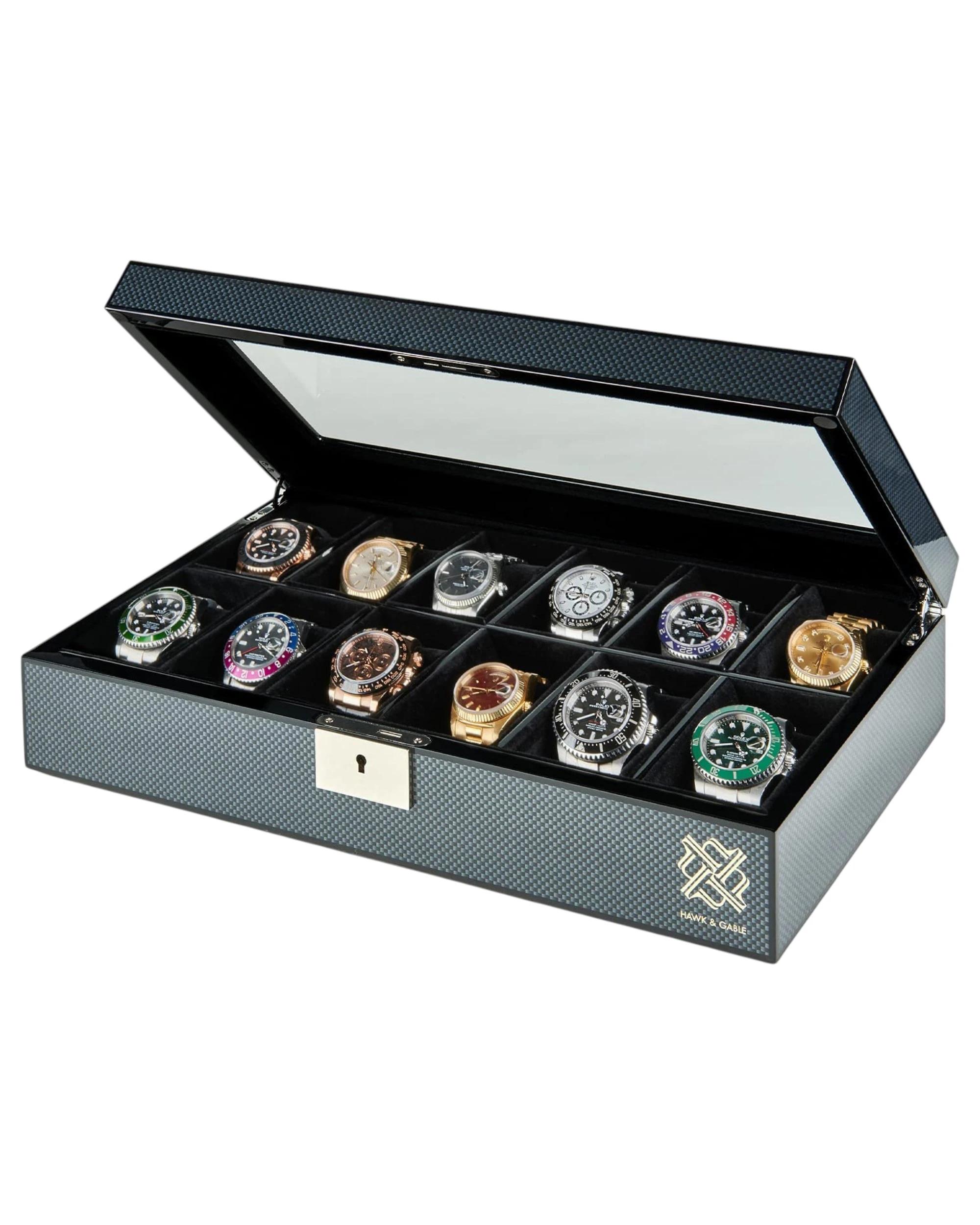 1 HAWK & GABLE 12 Slot Watch Box Organizer Luxury Jewellery Case BLACK, 1 of 8