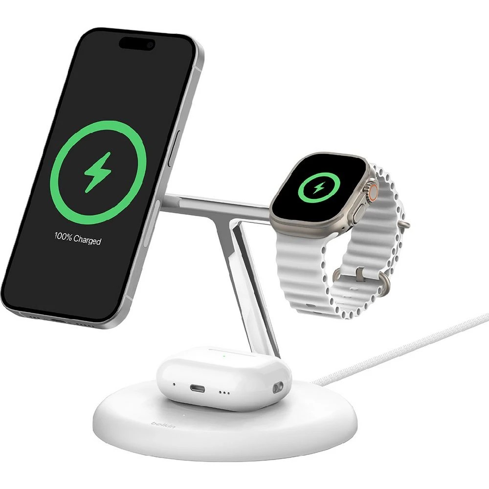2 Belkin BoostCharge Pro 15W Qi2 3-in-1 Wireless Charger White, 2 of 9