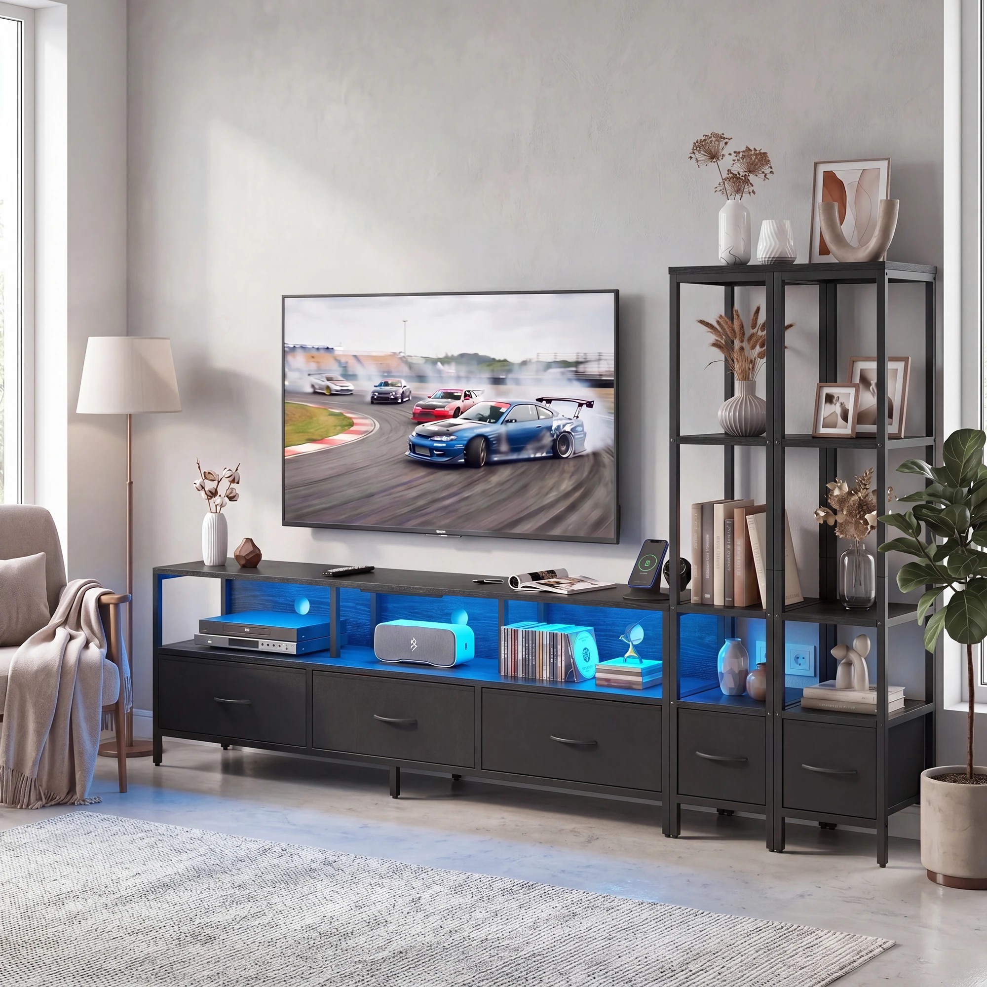 4 Advwin 197cm TV Stand with Bookshelf Entertainment Center with Power Outlet & LED Lights - Black, 4 of 7