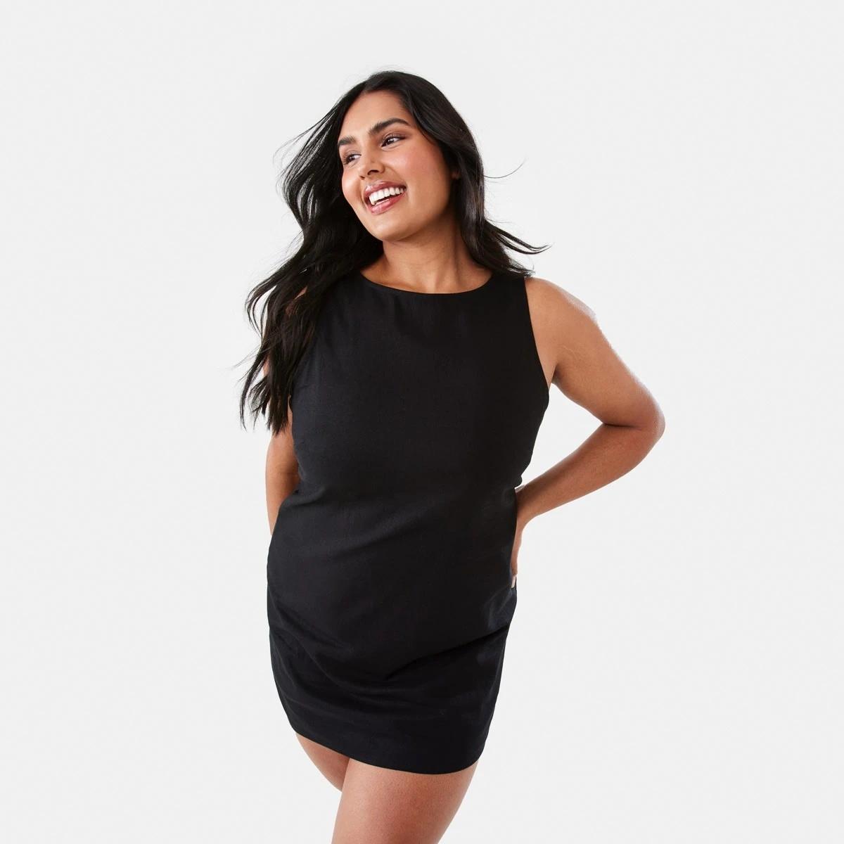 3 Sleeveless Boat Neck Linen Blend Mini Dress Black, 3 of 10