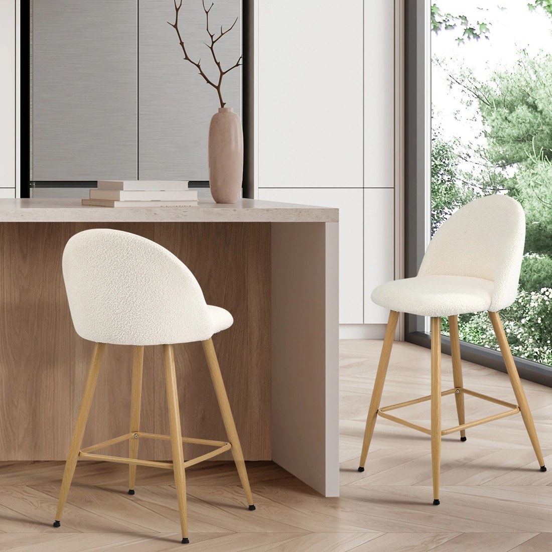 3 Oikiture 2x Bar Stools Kitchen Dining Chairs Counter Stool Boucle Padded Stools
 - Beige, 3 of 10