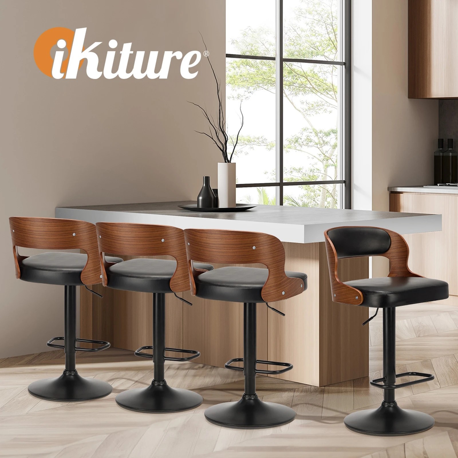 6 Oikiture 2x Bar Stools Kitchen Gas Lift Swivel Chairs - Black, 6 of 9