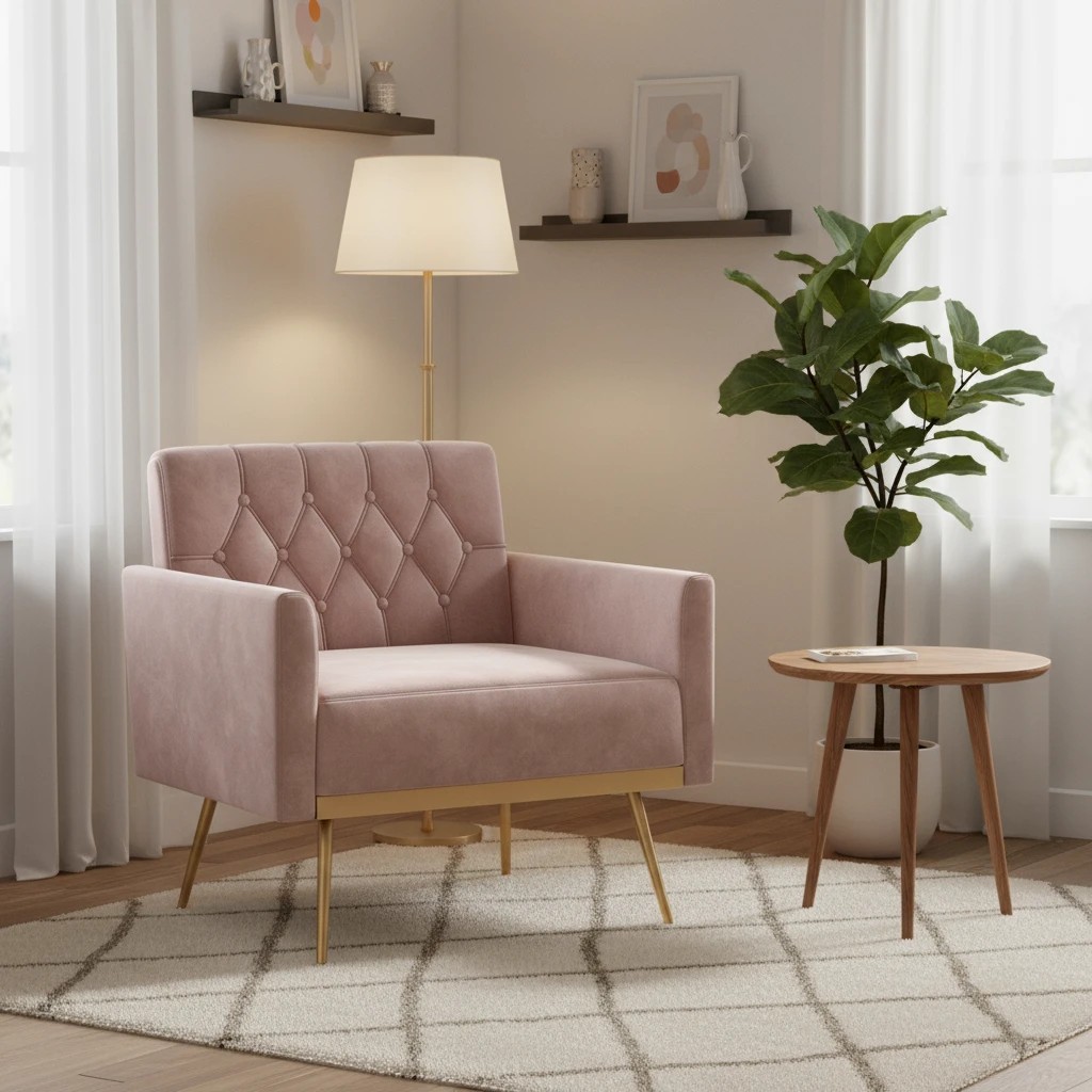 3 Costway Modern Accent Armchair Velvet Sofa Chair w/Button Tufted Back & Golden Metal Legs - Pink, 3 of 4