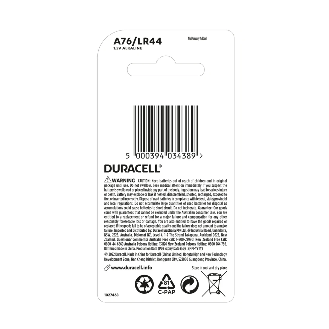 2 2 Pack Duracell Specialty A76/LR44 Button Batteries, 2 of 7
