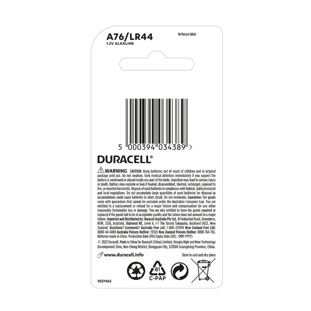 2 2 Pack Duracell Specialty A76/LR44 Button Batteries, 2 of 7