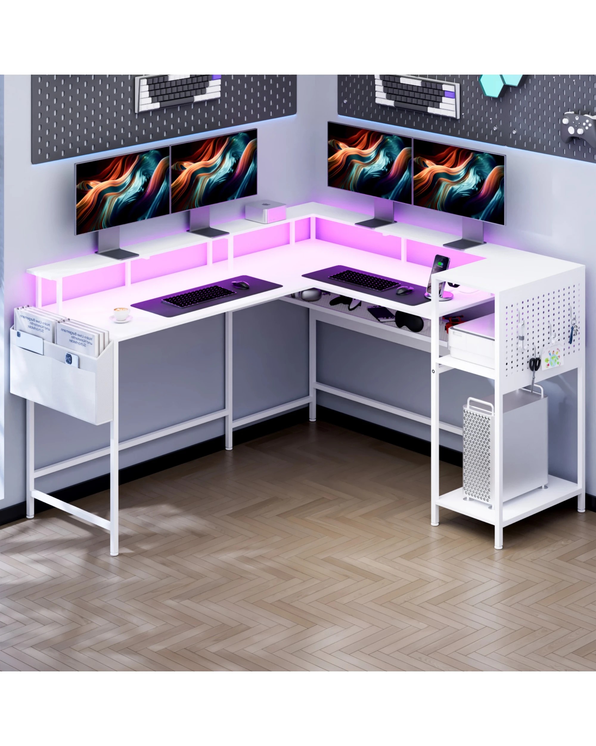 4 Advwin 150cm L Shaped Computer Desk w/ LED Lights & Power Outlets  - White, 4 of 10