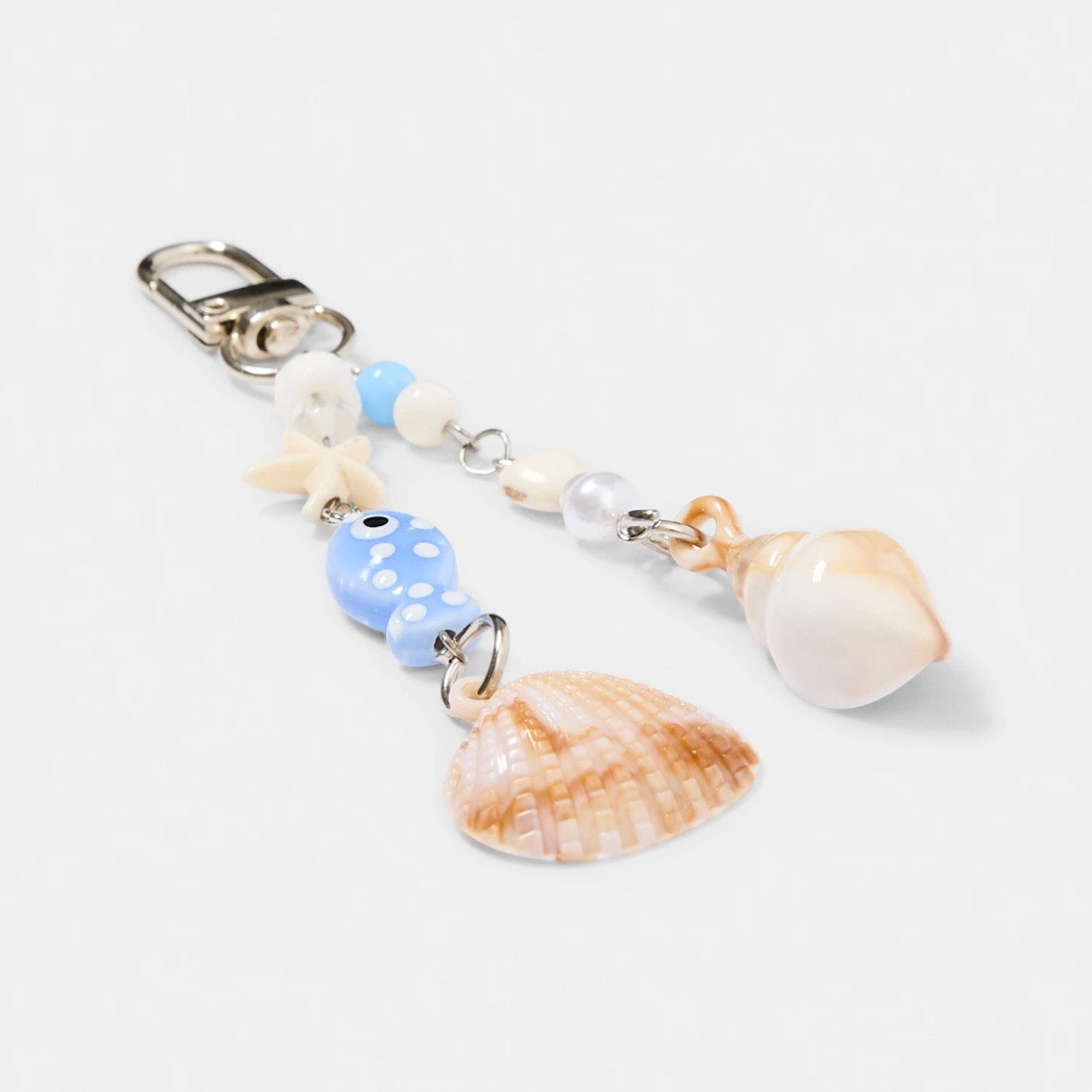 2 Bead Fish Shell Charm Keyring - Blue, White, Brown and Silver Tone, 2 of 3