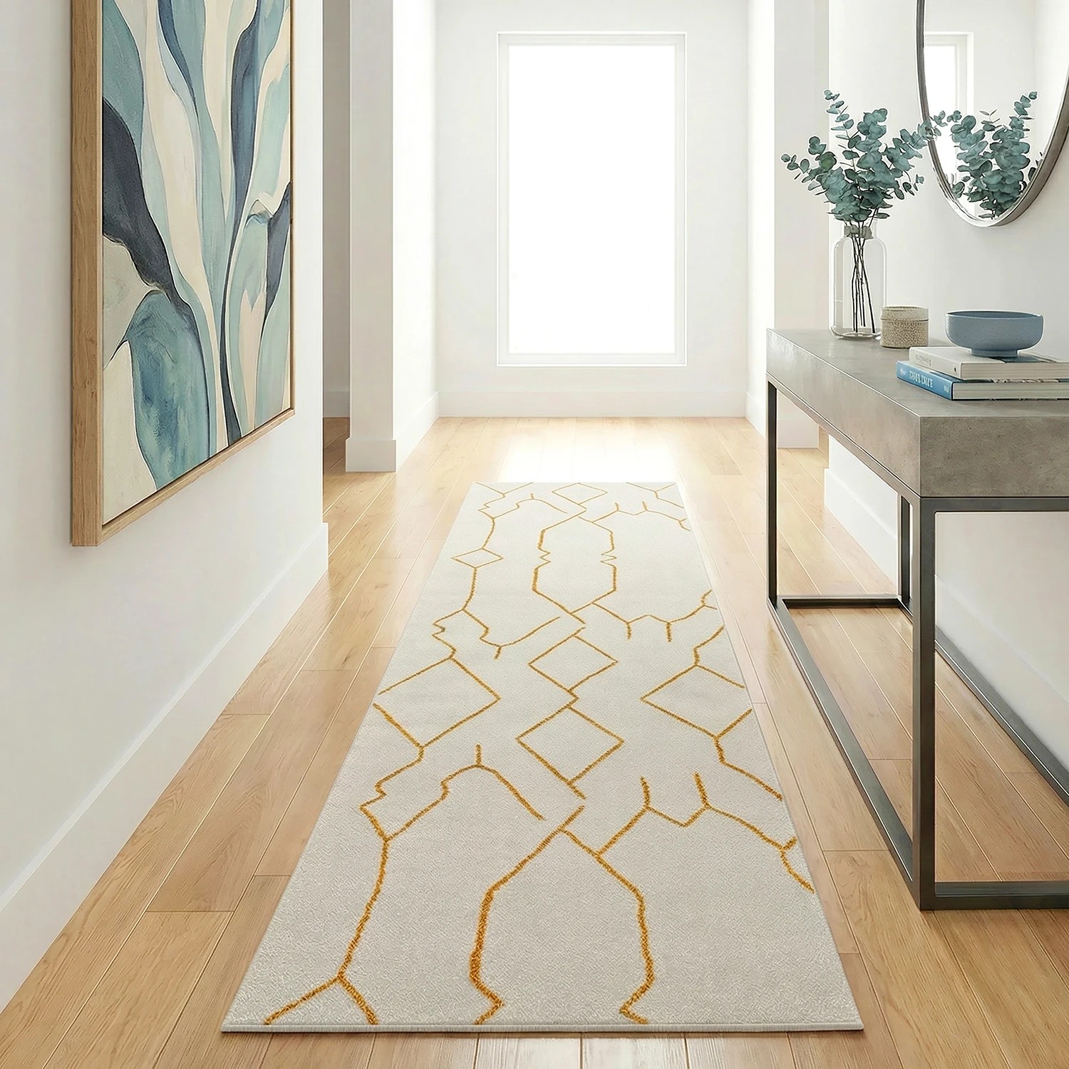1 Common Ground Rugs Elysium Ivy Gold Runner 500x80cm - Extra Large Runner Power Loomed Pet Friendly Rug - Natural, 1 of 5