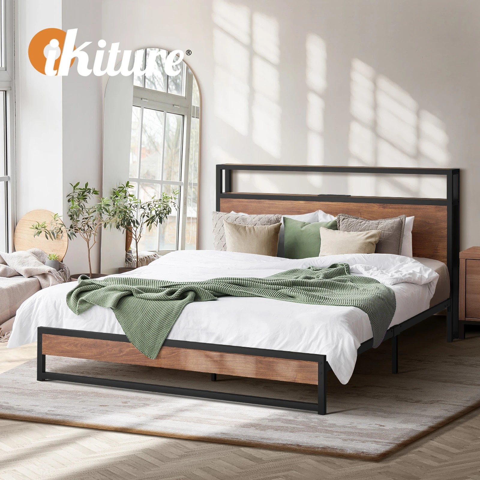 4 Oikiture Metal Bed Frame Double Size Led Light Storage Headboard Usb Charge
 - Black, 4 of 7