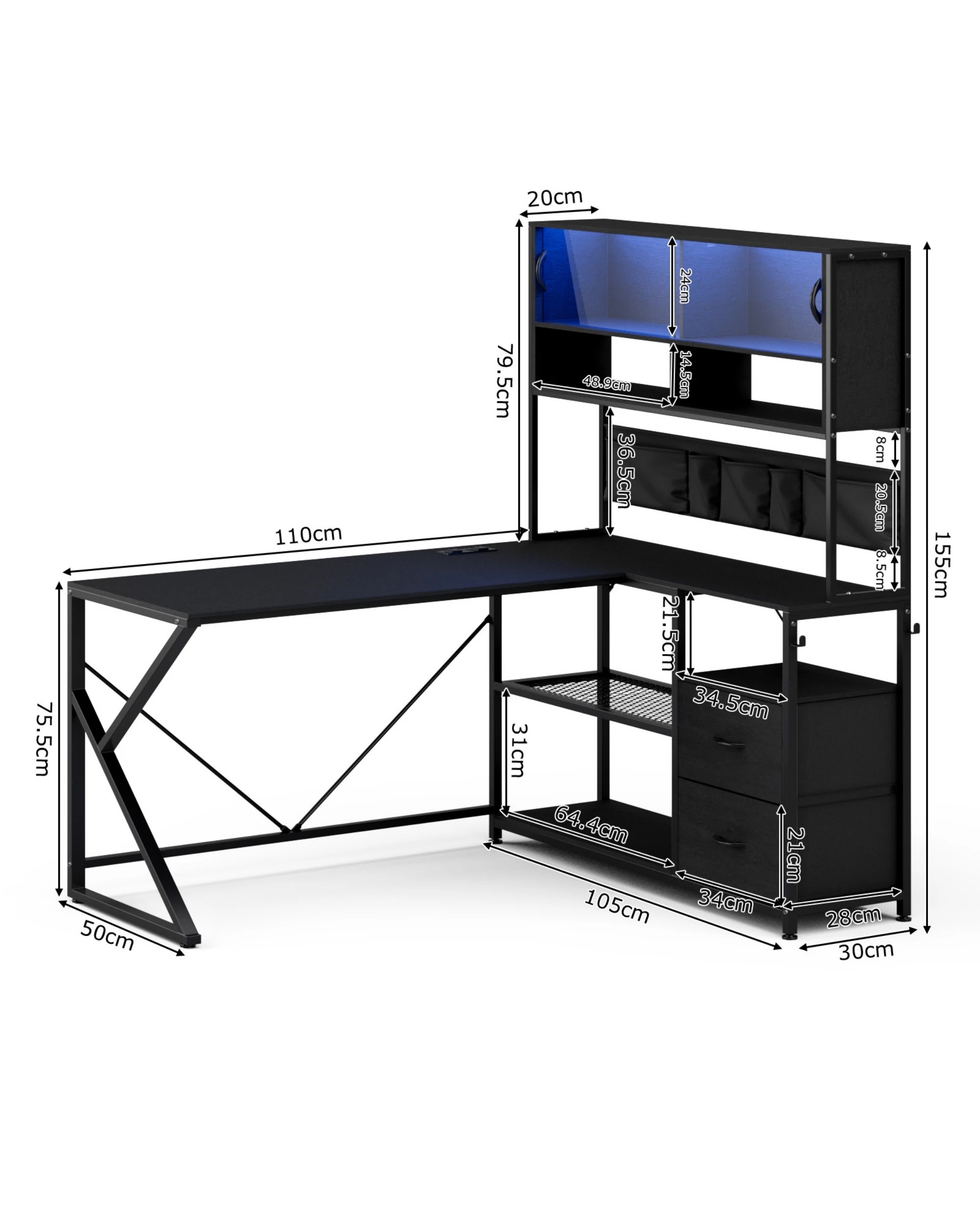 4 Advwin L Shaped Gaming Desk with LED Lights & Power Outlets Reversible 130cm Computer Desk  - Black, 4 of 9