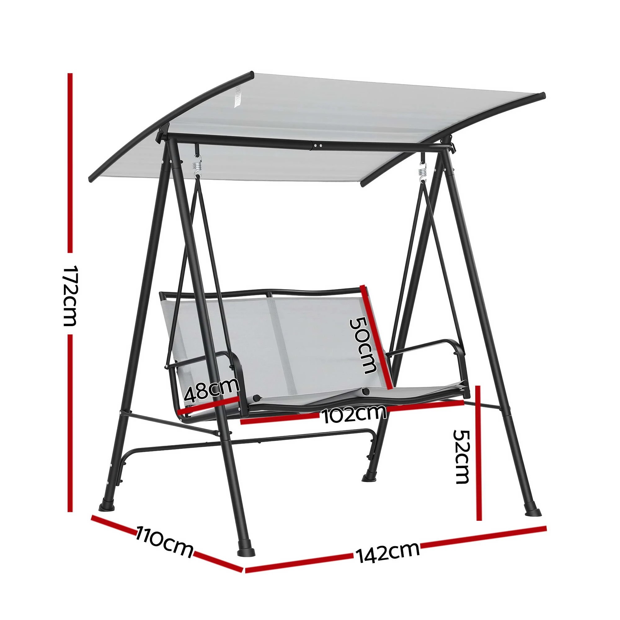 2 Gardeon Outdoor Swing Chair with Stand Adjustable Canopy 2-Seater Hanging Chair 142cmx172cm 250kg Capacity - Grey, 2 of 8