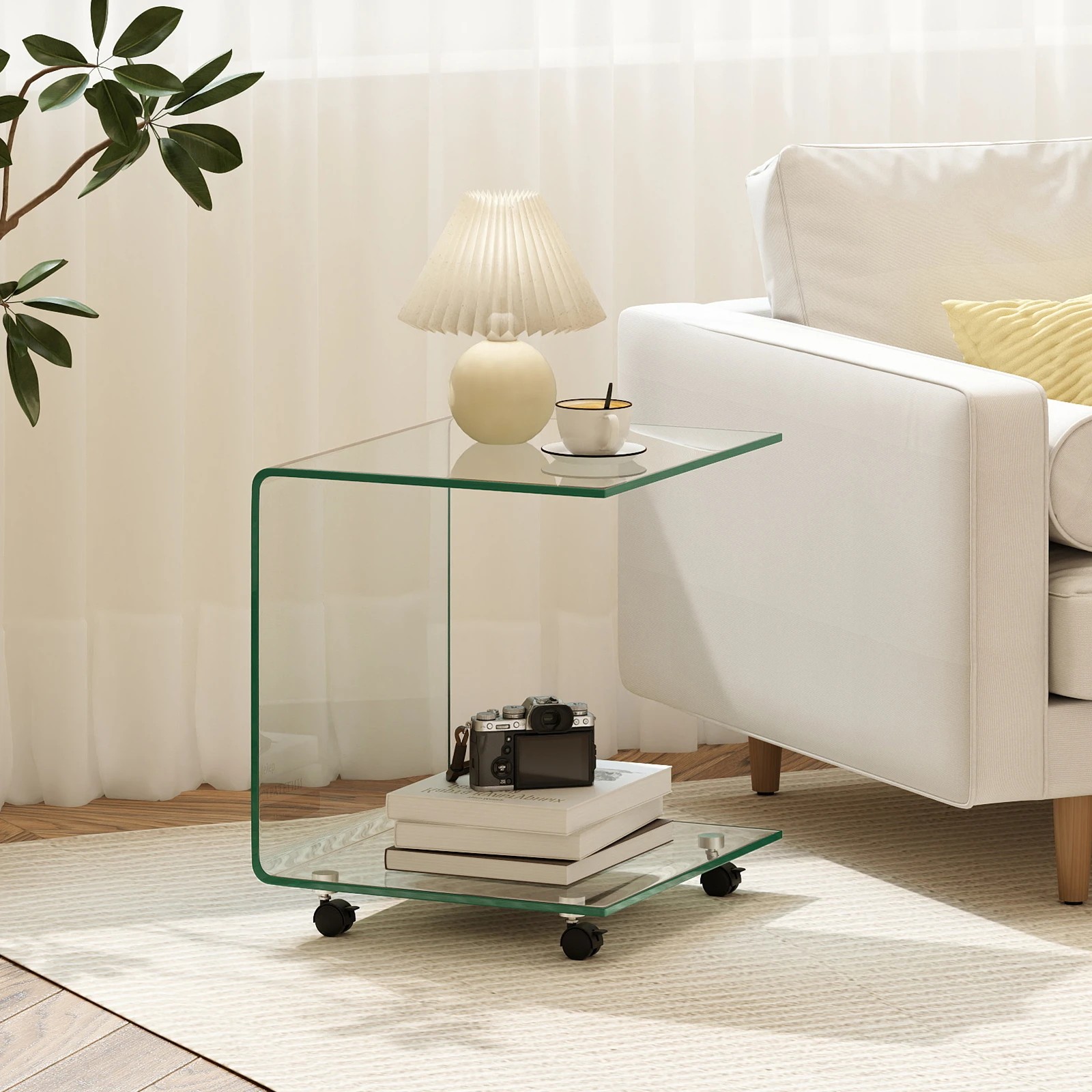 4 Costway Mobile C-Shaped End Table Tempered Glass 2 Tier Shelf Sofa Bedside Table, 4 of 5