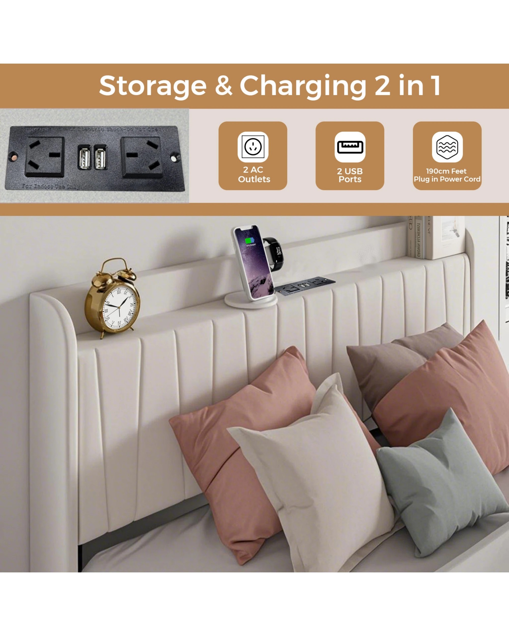 4 Advwin Double Bed Frame With 4 Storage Drawers & Charging Station Biege, 4 of 7