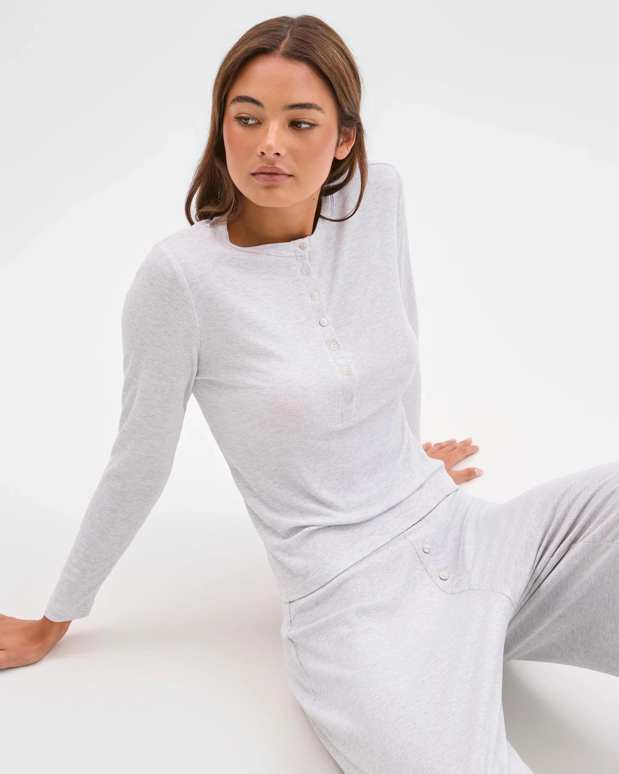 6 Lily Loves Long Sleeve Henley Rib Top GREY, 6 of 6