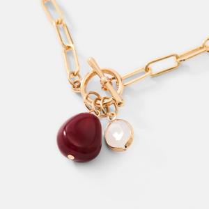 Link Necklace with Bead Charm - Gold Tone