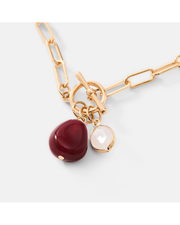 Link Necklace with Bead Charm - Gold Tone