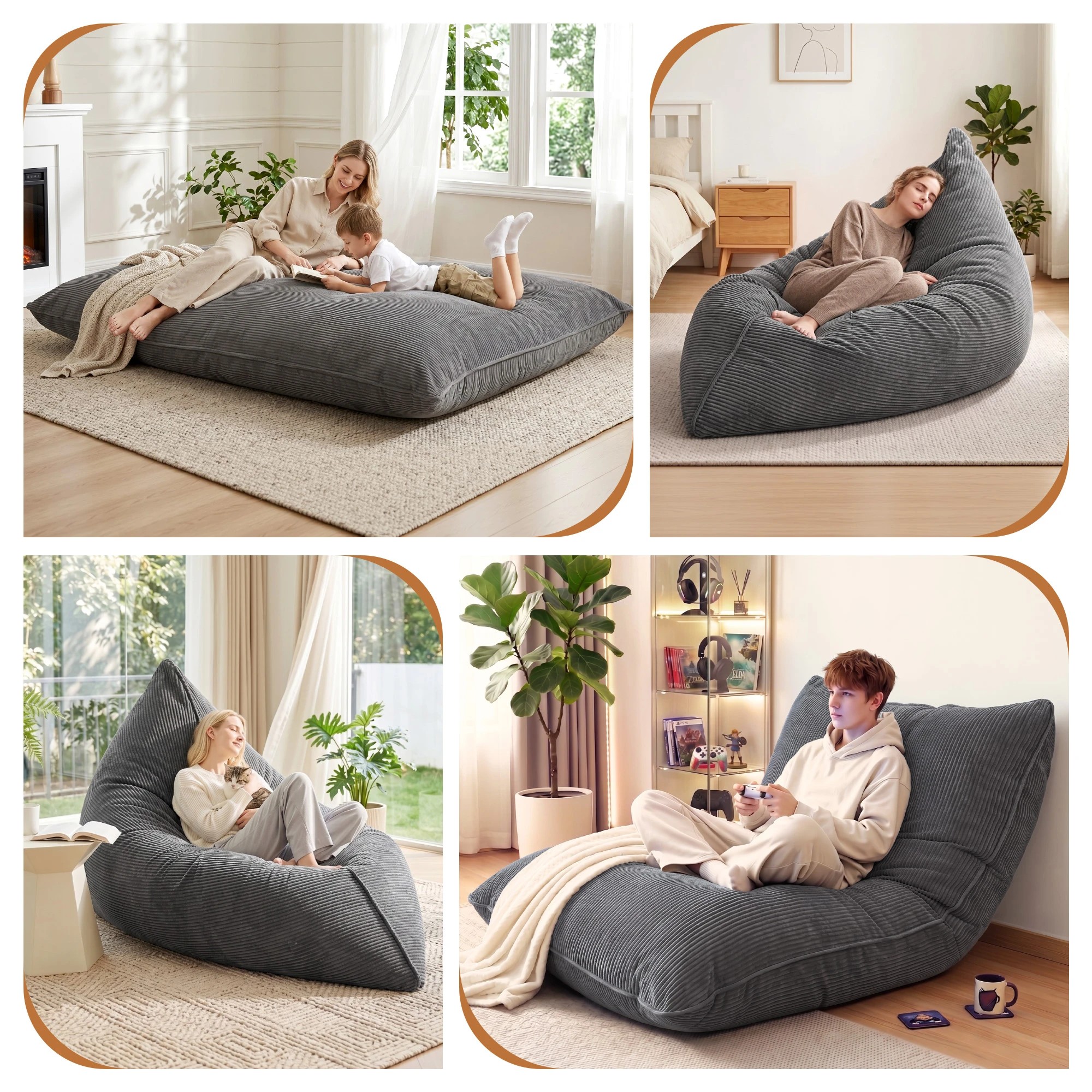 7 Artiss 3 in 1 Bean Bag Chair Cover No Filler Convertible Corduroy Bean Bag Cover Washable - Grey, 7 of 10