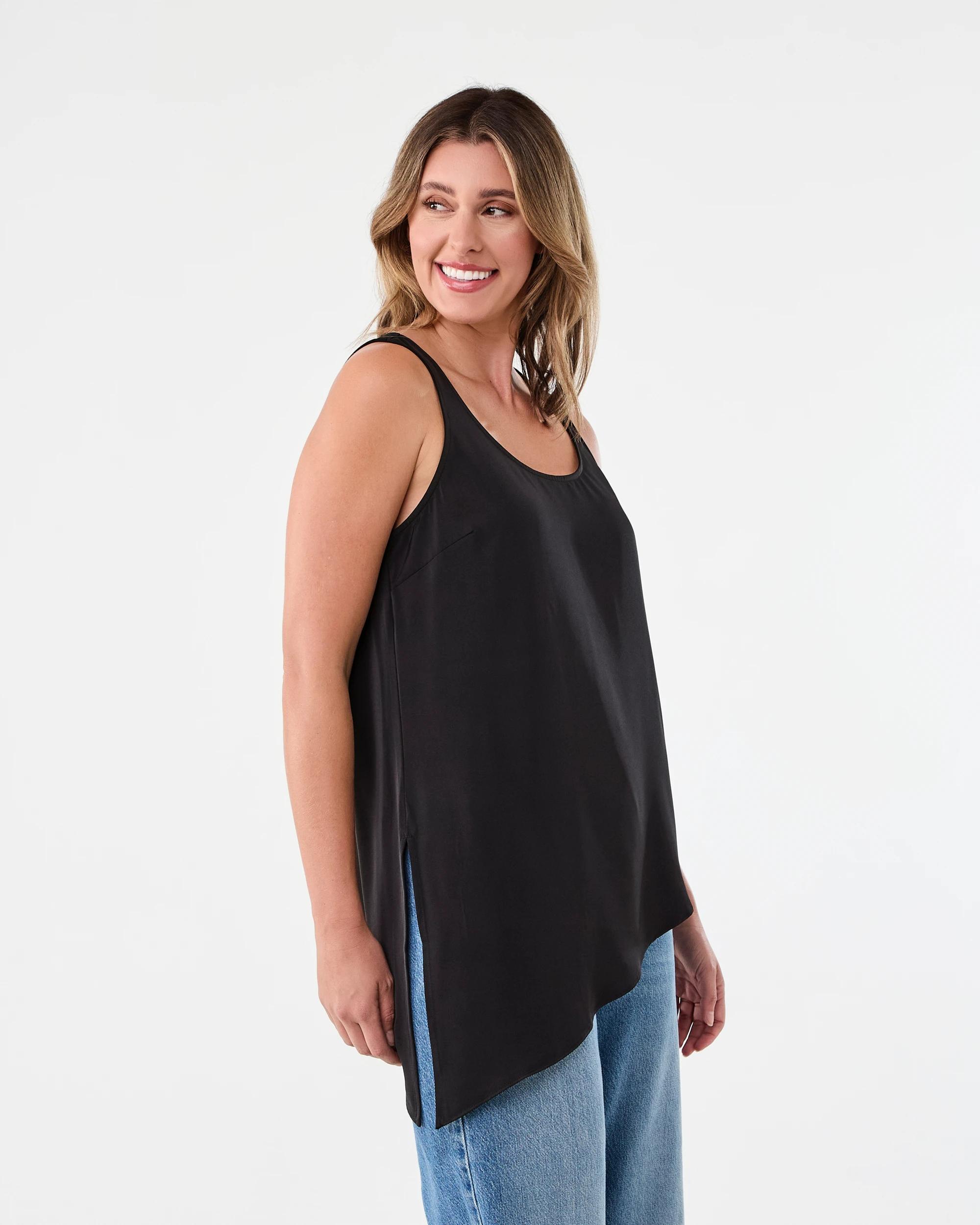 2 Sleeveless Asymmetrical Satin Scoop Tank Black, 2 of 6