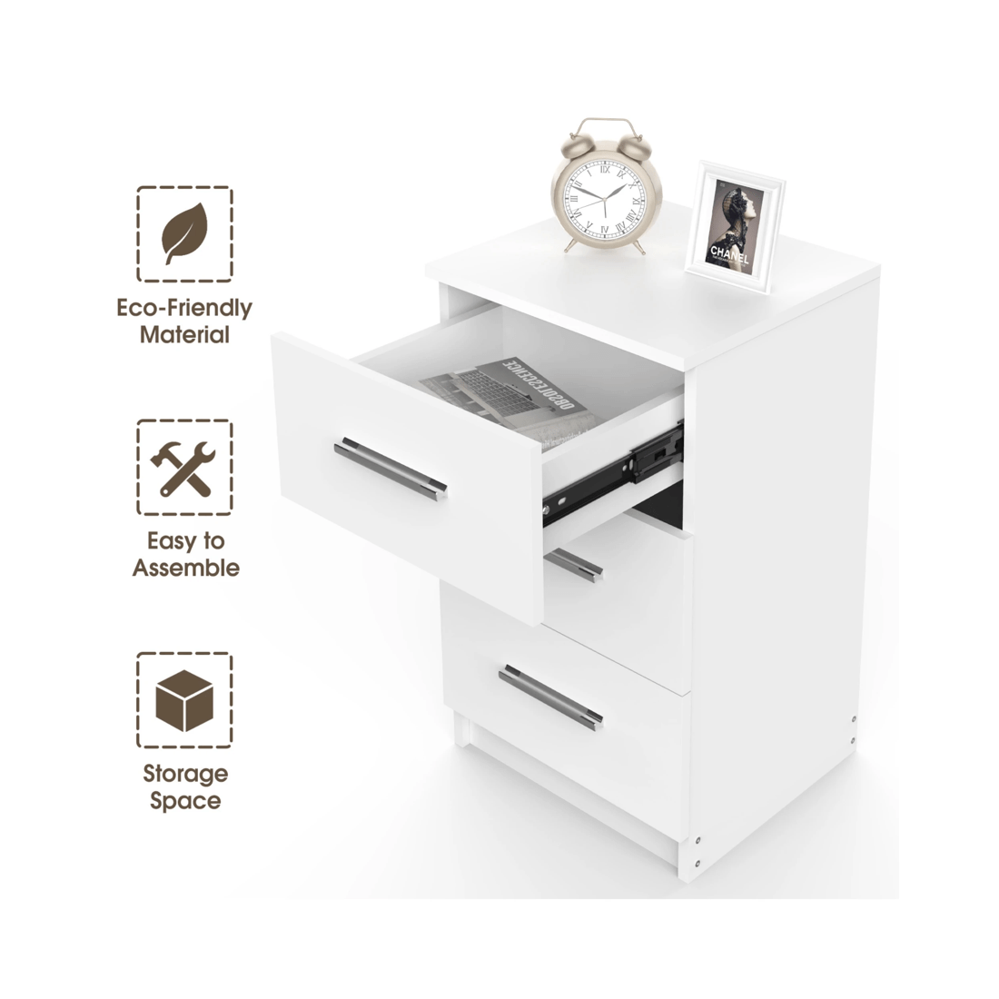 4 Advwin Bedside Table 3 Drawers 66cm Height Nightstand Storage Cabinet
 - White, 4 of 8