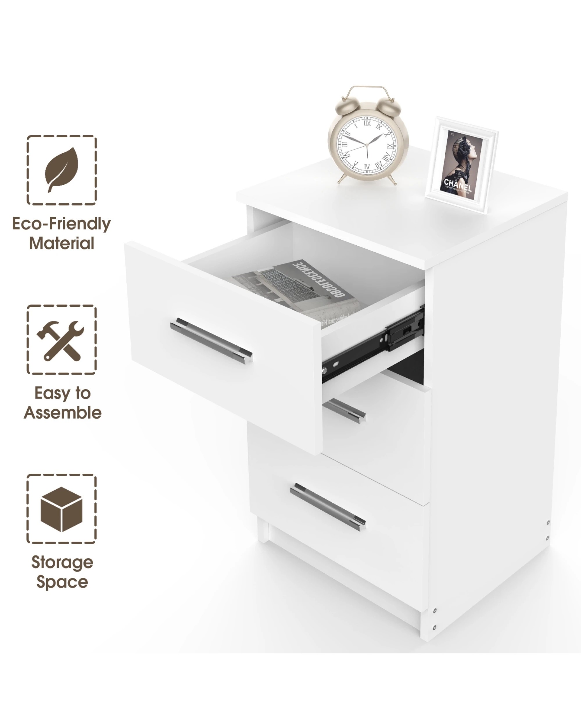 4 Advwin Bedside Table 3 Drawers 66cm Height Nightstand Storage Cabinet
 - White, 4 of 8